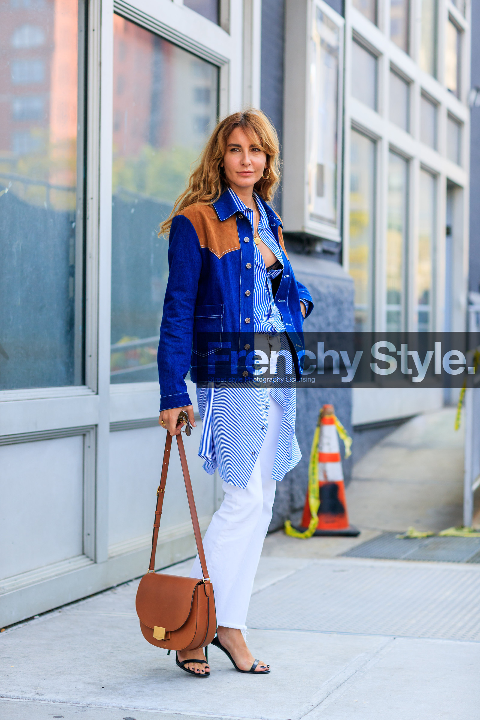 black shoes, blue denim, blue shirt, brown bag, céline, denim jacket, denim pants, ece sukan, fashion week, frenchystyle, full length, FW, high heels, jeans, jonathan paciullo, leather bag, leather shoes, NEW YORK, NYFW, printed jacket, printed shirt, SPRING SUMMER 2018, SS 18, street style, striped shirt, trousers, vertical, white denim