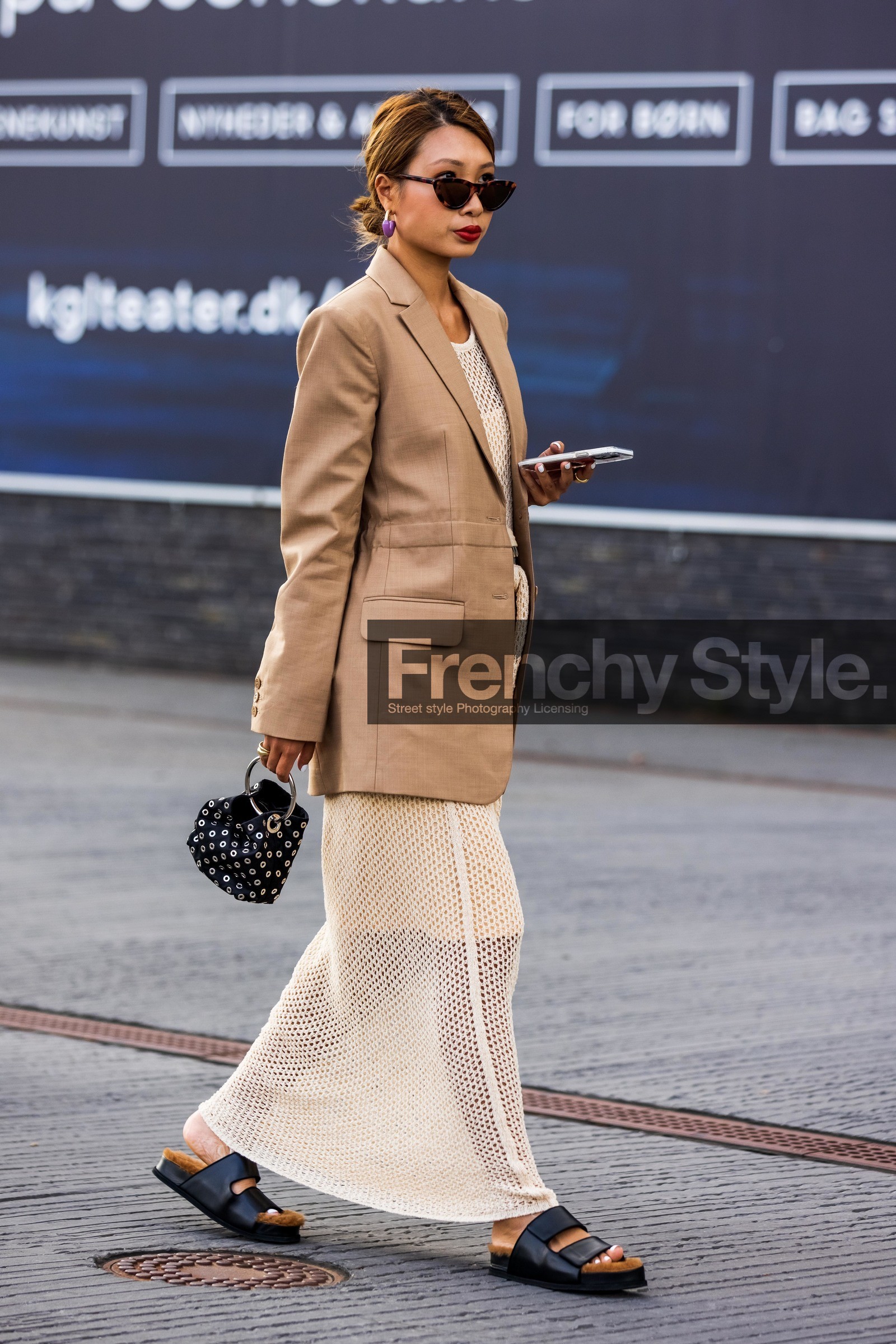 Rosana Lai, beige jacket, long skirt, black leather bag, black leather slippers, flat slippers, fur slipers, white dress, fishnet dress, eyecat sunglasses, scale sunglasses, hoop earrings, purple earrings, studs bag, silvered bag, mini bag, hand bag, fashion week, frenchystyle, FW, jonathan paciullo, street style, SPRING SUMMER 2022, SS 22, COPENHAGEN, CPHFW, vertical, full length