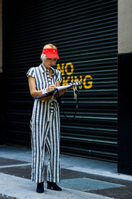 black and white, black shoes, fashion week, frenchystyle, full length, FW, graphic jumpsuit, high heels, jonathan paciullo, leather shoes, NEW YORK, NYFW, printed jumpsuit, red cap, SPRING SUMMER 2018, SS 18, street style, striped jumpsuit, trousers, vertical