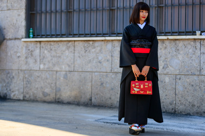 atmosphere details, black bag, blue pants, brown fur, fanny pack, fashion week, frenchystyle, full length, fur jacket, FW, graphic bag, graphic pants, gucci, horizontal, jonathan paciullo, leather bag, MFW, MILAN, printed bag, printed pants, red jacket, SPRING SUMMER 2018, SS 18, street style, trousers, white t shirt