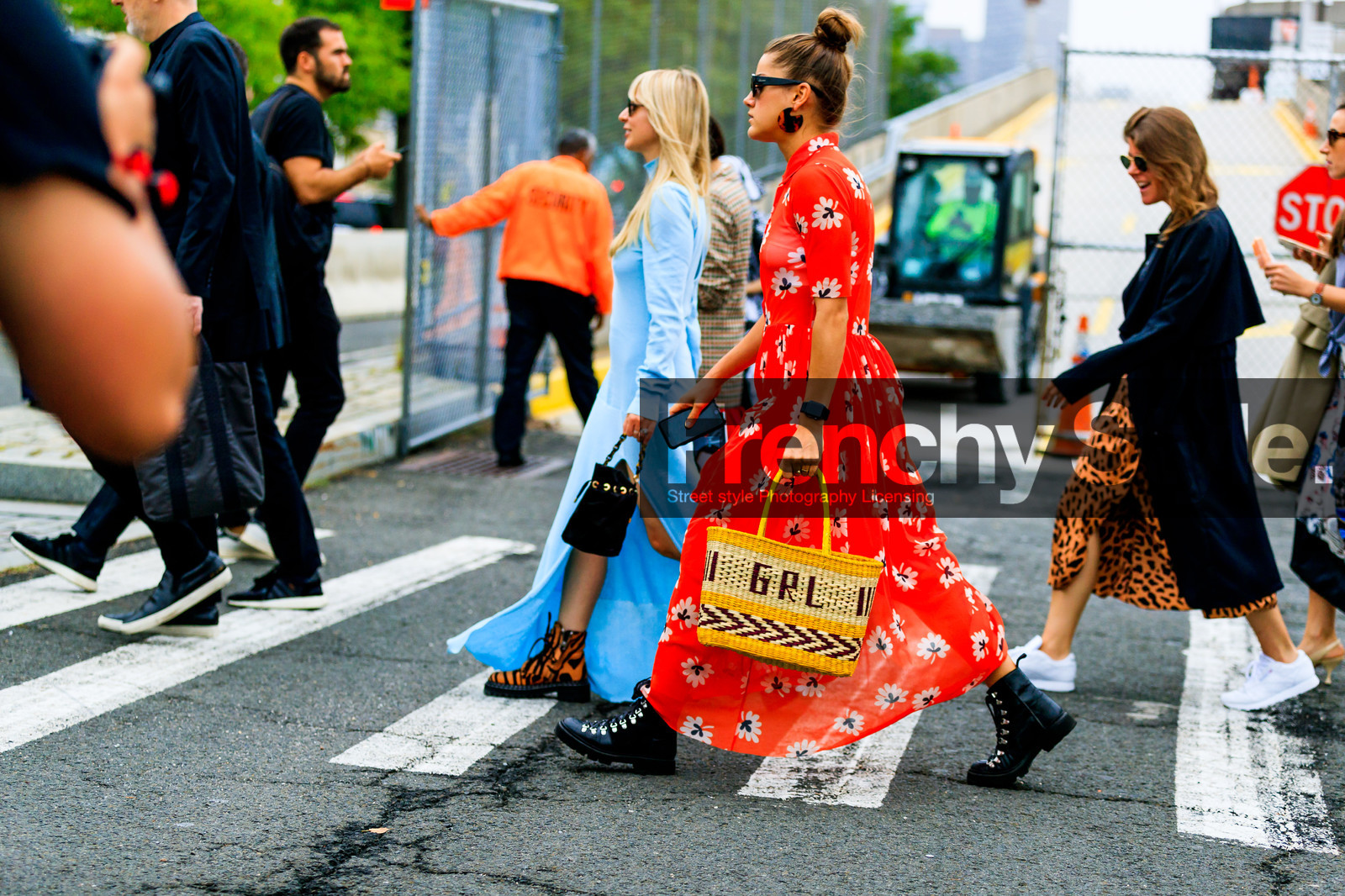 black bag, black shoes, bun, earrings, floral, flowers, graphic bag, graphic dress, leather bag, leather shoes, printed bag, printed dress, red dress, sunglasses, yellow bag, street style, jonathan paciullo, FW, frenchystyle, fashion week, NYFW, NEW YORK, SPRING SUMMER 2019, SS 19, atmosphere details, horizontal, full length