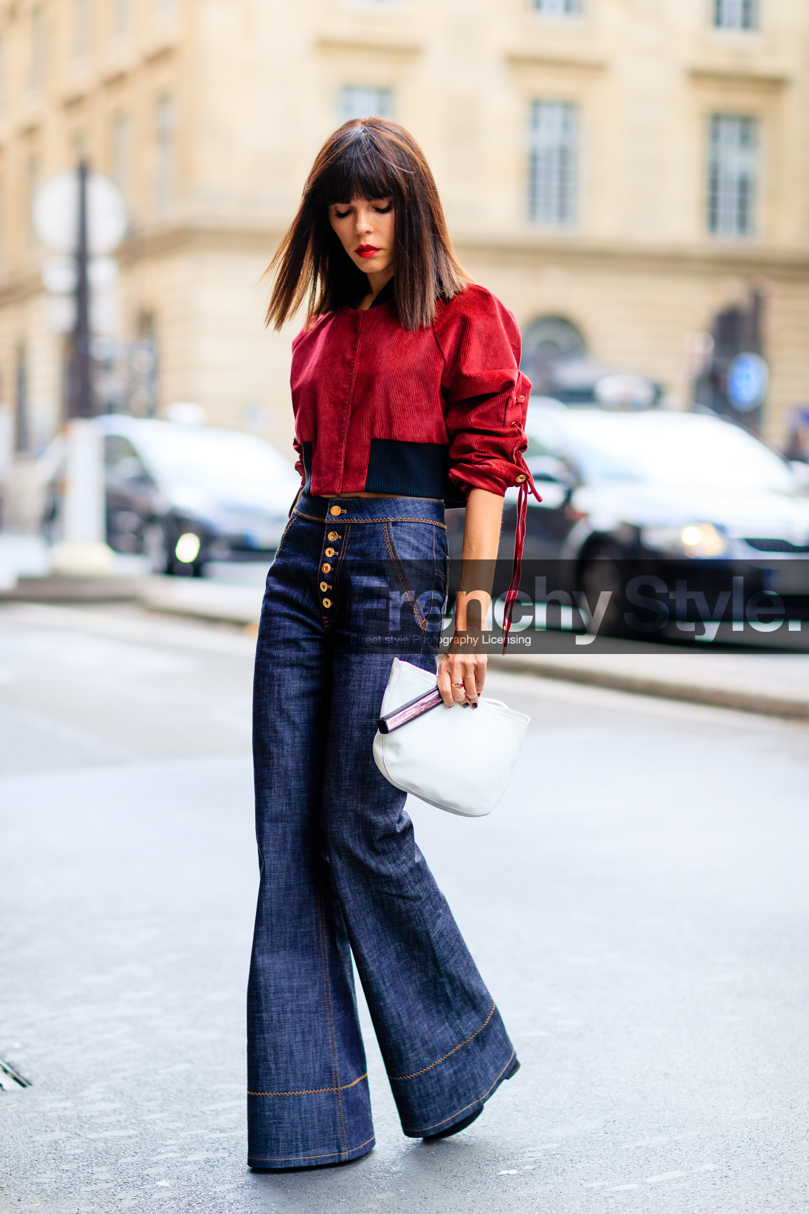 blue denim, denim pants, Evangelie Smyrniotaki, fashion week, flare jean, frenchystyle, full length, FW, high waist, jeans, jonathan paciullo, leather bag, PARIS, PFW, red jacket, SPRING SUMMER 2017, SS 17, street style, trousers, vertical, white bag