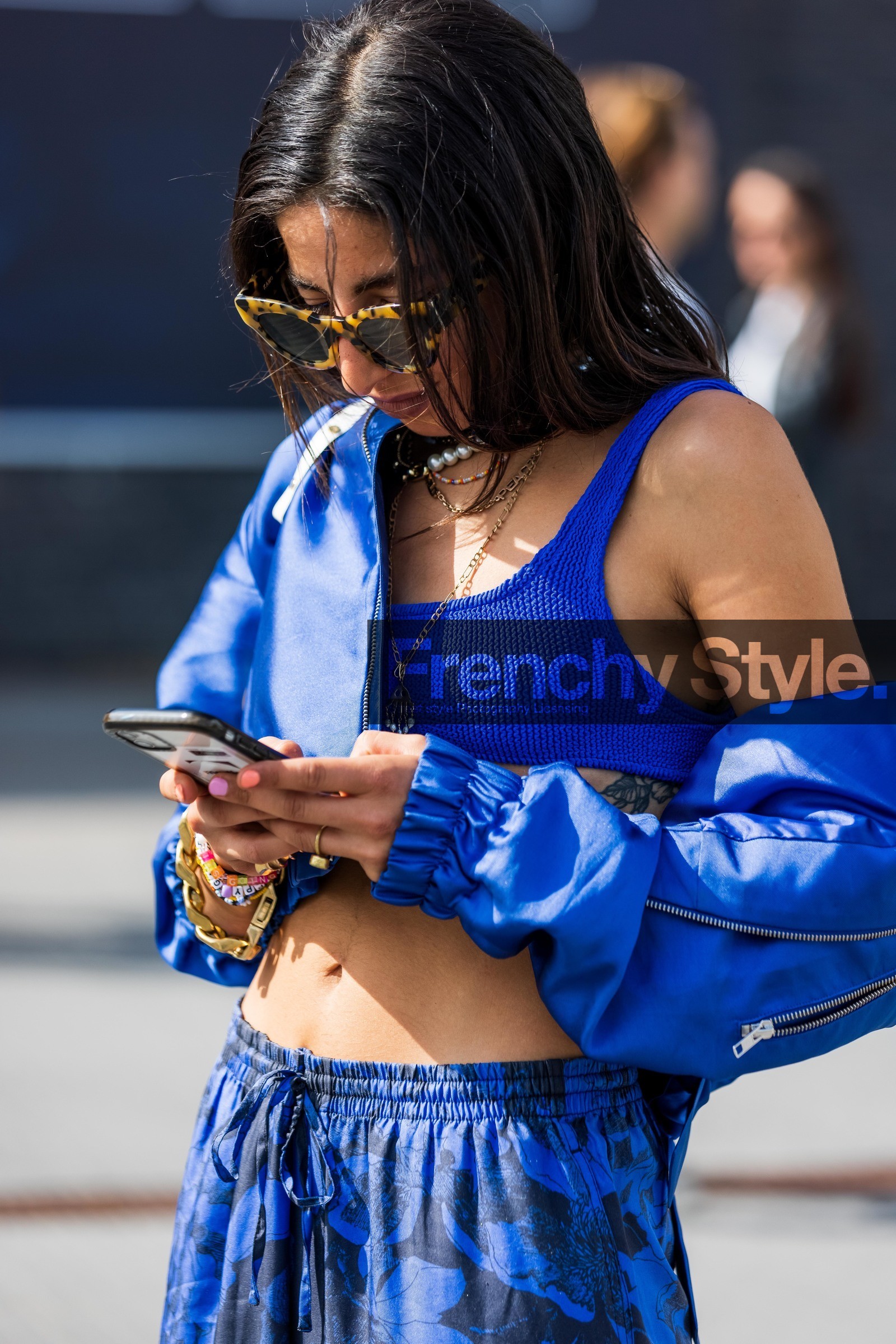 Selma Kaci, blue top, blue total look, blue bombers, blue pants, cropped top, tank top, scale sunglasses, golden necklace, multi necklace, close up detail, sportswear, sportswear look, fashion week, frenchystyle, FW, jonathan paciullo, street style, SPRING SUMMER 2022, SS 22, COPENHAGEN, CPHFW, vertical, atmosphere details