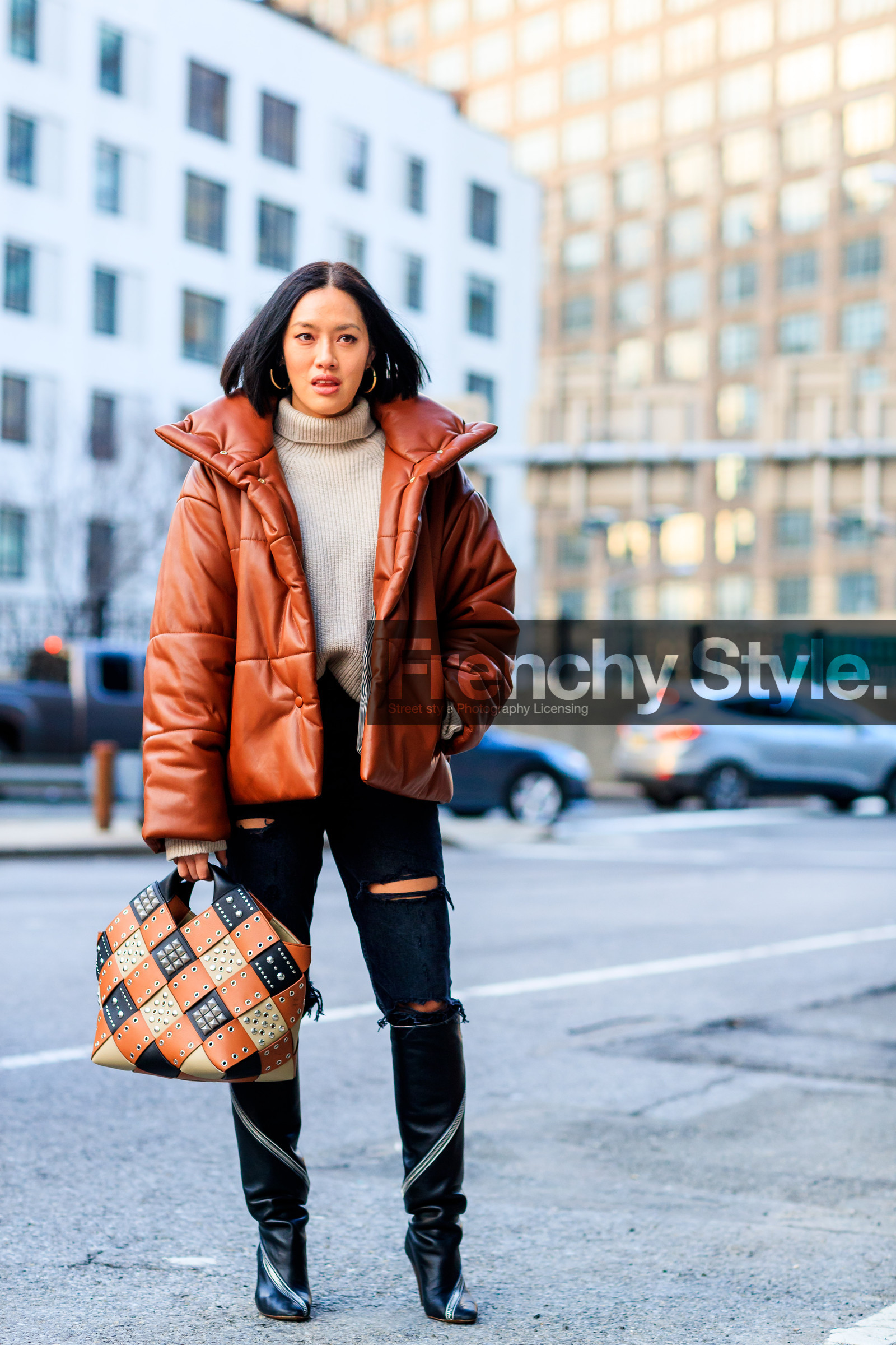 beige sweater, black denim, black shoes, brown bag, brown jacket, checked bag, denim pants, down jacket, graphic bag, high boots, high heels, jeans, leather bag, leather jacket, leather shoes, patchwork, printed bag, ripped pants, studs, trousers, zip, street style, jonathan paciullo, FW, frenchystyle, fashion week, NYFW, NEW YORK, AUTUMN WINTER 2018-2019, AW 18-19, FALL WINTER 2018-2019, FW 18-19, vertical, full length, Tiffany Hsu