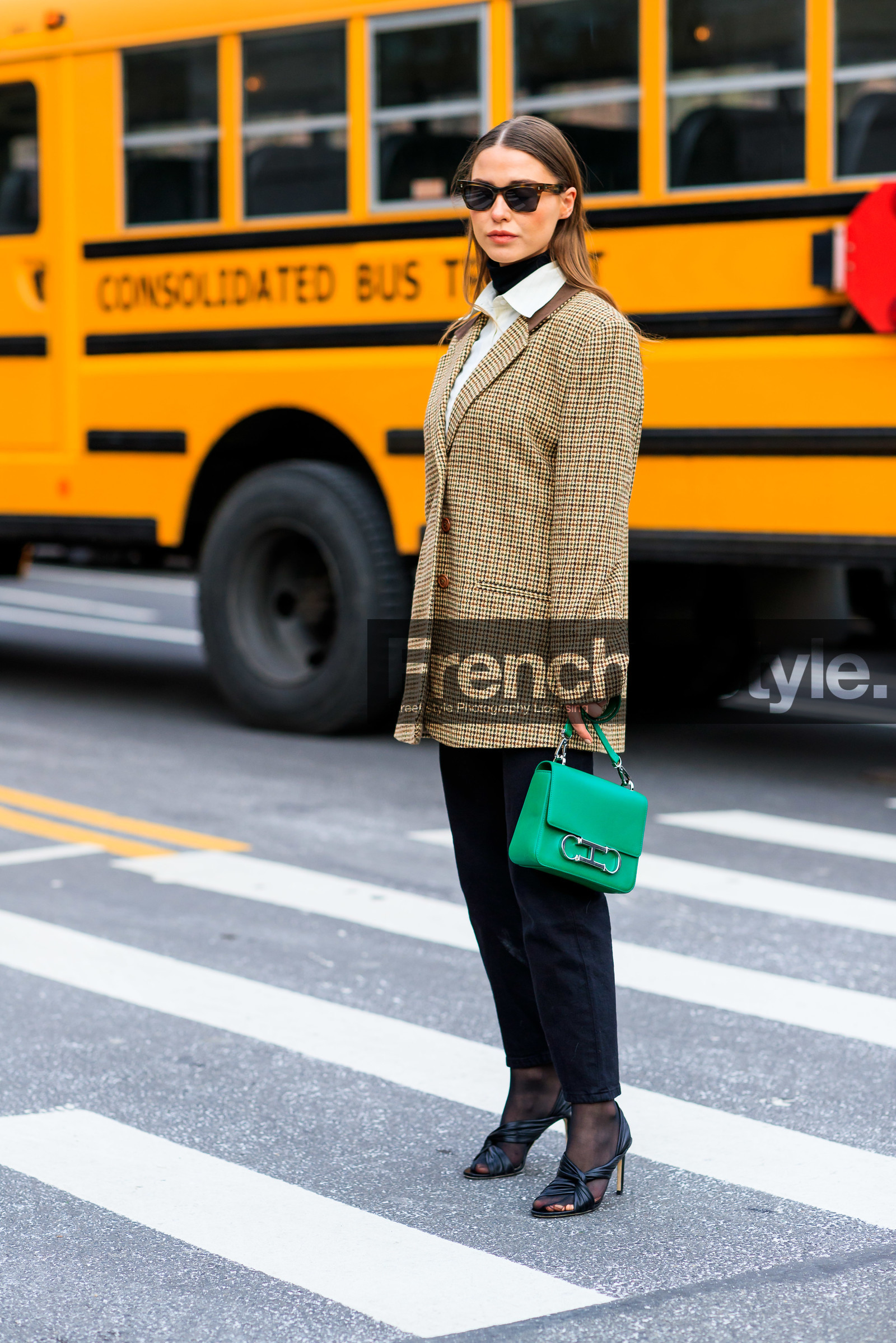 black pants, black shoes, blazer, brown jacket, carolina herrera, checked, graphic jacket, green bag, high heels, houndstooth pattern, leather bag, leather shoes, plaid, printed jacket, sophia roe, sunglasses, trousers, white shirt, street style, jonathan paciullo, frenchystyle, NYFW, NEW YORK, AUTUMN WINTER 2019-2020, AW 19-20, FALL WINTER 2019-2020, FW 19-20, fashion week, FW, vertical, full length