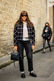 grey jeans, black sunglasses, plaid jacket, plaid shirt, white shirt, whit tshirt, black jacket, short jacker, black handbag, hermes bag, black derbies, laure heriard dubreuil, fashion week, frenchystyle, FW, jonathan paciullo, street style, AUTUMN WINTER 2022-2023, FALL WINTER 2022_2023, FW 22-23, PFW, PARIS, vertical, full length