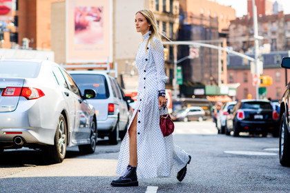 atmosphere details, black shoes, bracelet, Charlotte Groeneveld, fashion week, frenchystyle, full length, FW, graphic dress, horizontal, jonathan paciullo, leather bag, leather shoes, NEW YORK, NYFW, pleats, polka dot, printed dress, red bag, SPRING SUMMER 2018, SS 18, street style, white dress