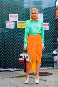 earrings, fashion week, frenchystyle, full length, FW, graphic bag, green sweater, gucci, high heels, jonathan paciullo, julia kuczynska, leather bag, leather shoes, NEW YORK, NYFW, orange skirt, printed bag, SPRING SUMMER 2018, SS 18, street style, striped bag, velvet, vertical, white shoes