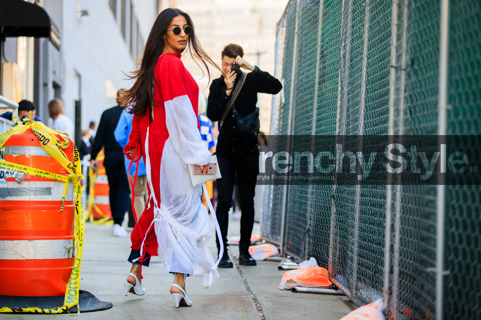 atmosphere details, back detail, detail, fashion week, frenchystyle, FW, high heels, horizontal, jonathan paciullo, leather shoes, nausheen shah, NEW YORK, NYFW, pleated dress, printed dress, red dress, SPRING SUMMER 2018, SS 18, street style, sunglasses, white shoes