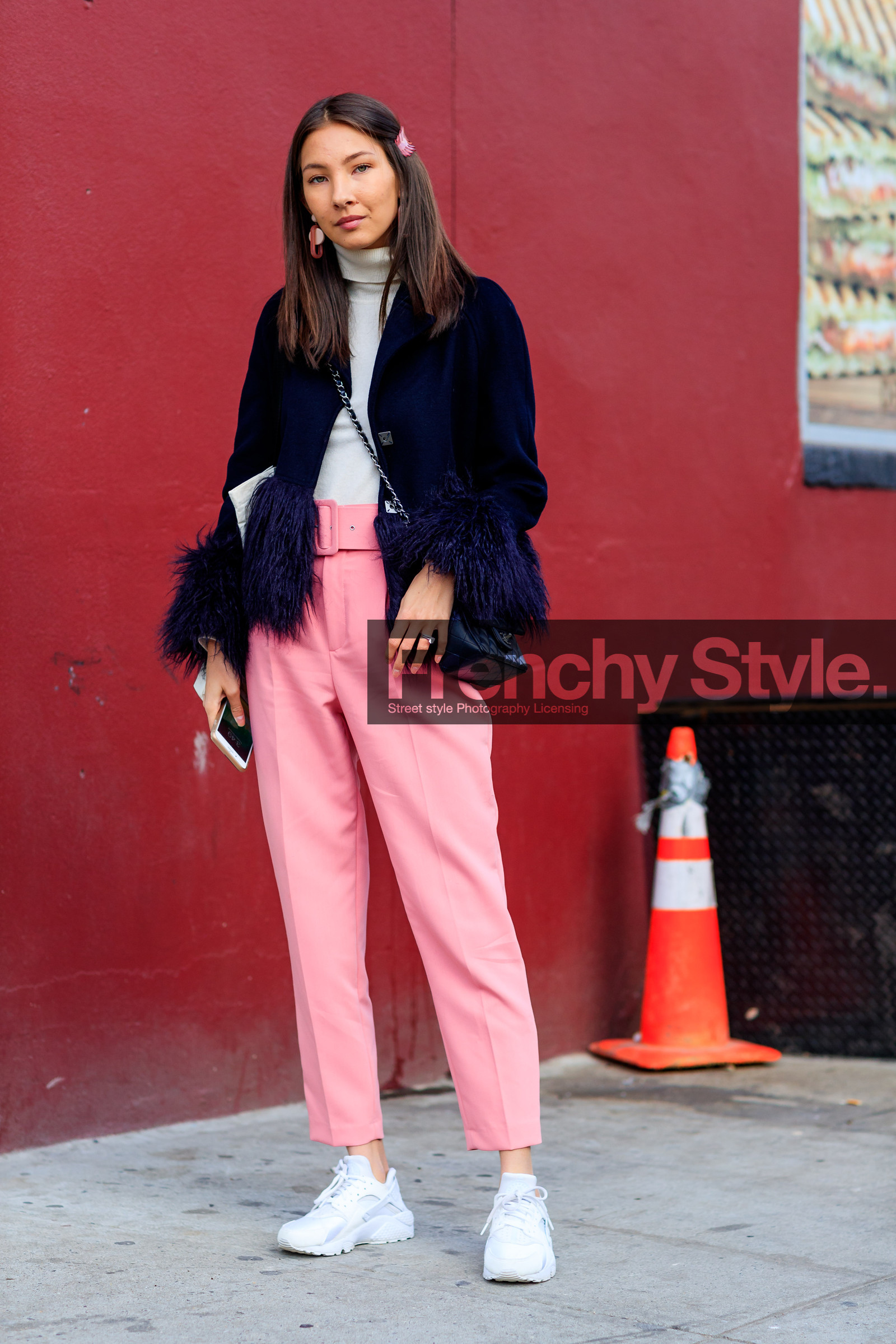 black bag, blue jacket, chanel handbag, earrings, feathers, leather bag, leather shoes, pink pants, trousers, white sneakers, white sweater, street style, jonathan paciullo, FW, frenchystyle, fashion week, NYFW, NEW YORK, AUTUMN WINTER 2018-2019, AW 18-19, FALL WINTER 2018-2019, FW 18-19, vertical, full length