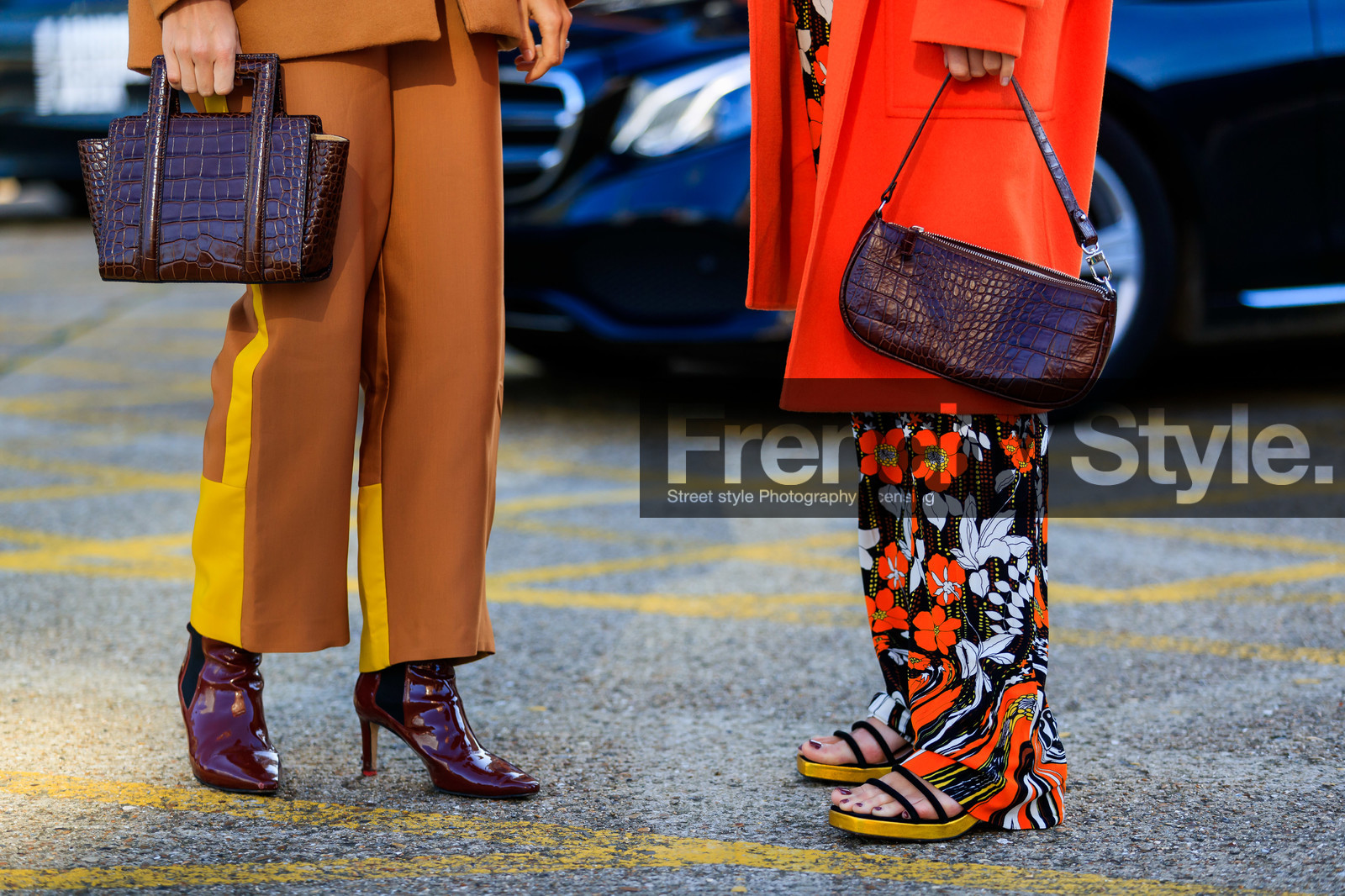 bordeaux, brown bag, burgundy, camel pants, camille charriere, floral, flowers, graphic pants, high heels, leather bag, leather shoes, monica ainley, printed pants, red boots, red coat, trousers, LONDON, LFW, fashion week, frenchystyle, FW, jonathan paciullo, street style, AUTUMN WINTER 2019-2020, AW 19-20, FW 19-20, FALL WINTER 2019-2020, horizontal, atmosphere details, detail