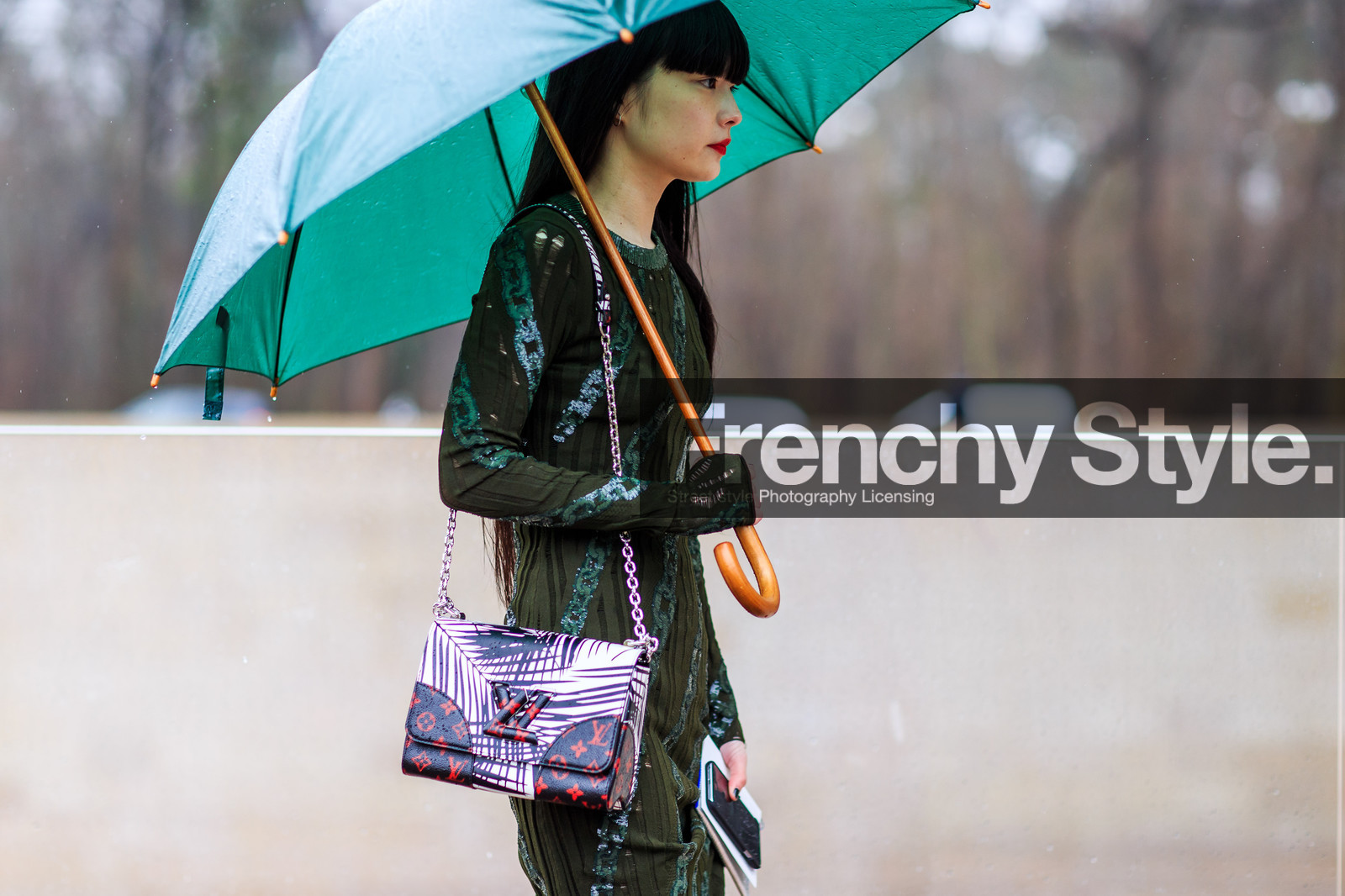 atmosphere details, AUTUMN WINTER 2016-2017, AW 16-17, detail, embroidered dress, FALL WINTER 2016-2017, fashion week, frenchystyle, FW, FW 16-17, green dress, horizontal, jonathan paciullo, kozue akimoto, leather bag, louis vuitton, PARIS, PFW, printed bag, sequined dress, shiny dress, street style, umbrella