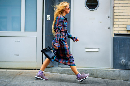 atmosphere details, black bag, checked dress, emili sindlev, fashion week, fendi, frenchystyle, full length, FW, graphic dress, horizontal, jonathan paciullo, leather bag, NEW YORK, nike, NYFW, pink sneakers, plaid, printed dress, purple dress, SPRING SUMMER 2018, SS 18, street style, sunglasses, tartan