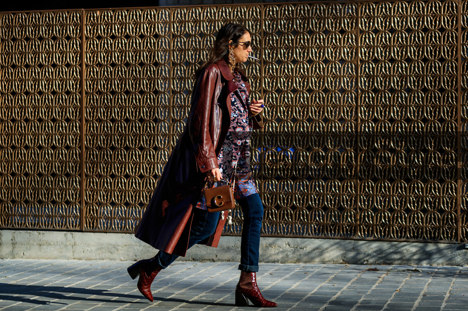 blue denim, brown bag, brown coat, chloé, denim pants, earrings, floral, flowers, high heels, jeans, leather bag, leather coat, leather shoes, printed jacket, red boots, sunglasses, trousers, PARIS, PFW, street style, jonathan paciullo, FW, frenchystyle, fashion week, AUTUMN WINTER 2019-2020, AW 19-20, FALL WINTER 2019-2020, FW 19-20, horizontal, atmosphere details, full length