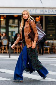 nina suess, camel leather jacket, camel leather shirt, brown leather bag, shopping bag, animal skin bag, blue jeans, flare jeans, green skirt, plaid skirt, checked skirt, wrap skirt, split skirt, mid long skirt, black pullover, turtleneck pullover, black leather boots, PARIS, PFW, SPRING SUMMER 2020, SS 20, fashion week, frenchystyle, FW, jonathan paciullo, street style, vertical, full length