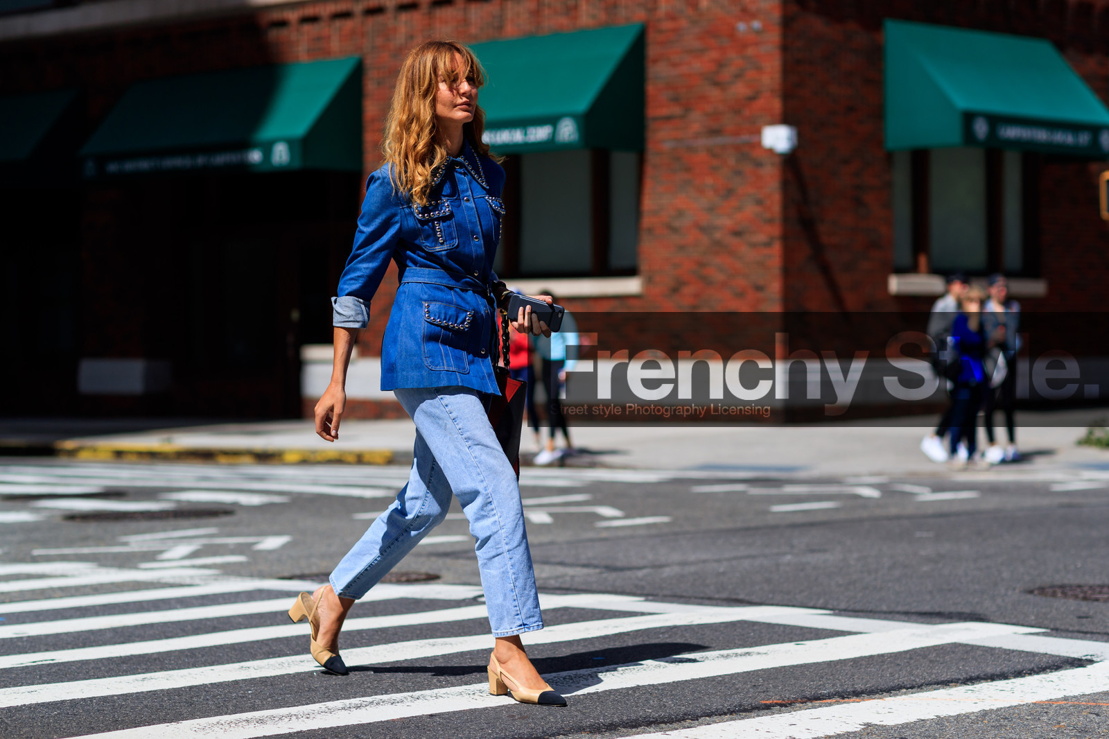 atmosphere details, beige shoes, belted jacket, blue denim, chanel, denim jacket, denim pants, ece sukan, fashion week, frenchystyle, full length, FW, graphic bag, high heels, horizontal, jeans, jonathan paciullo, leather bag, leather shoes, NEW YORK, NYFW, printed bag, red bag, SPRING SUMMER 2018, SS 18, street style, striped bag, studs, trousers