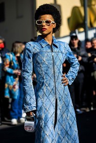 mini white bag, mini leather bag, full denim look, jean dress, sparkling denim dress, details, white sunglasses, diesel bag, fashion week, frenchystyle, FW, jonathan paciullo, street style, MFW, MILAN, AUTUMN WINTER 2022-2023, FALL WINTER 2022_2023, FW 22-23, vertical, atmosphere details