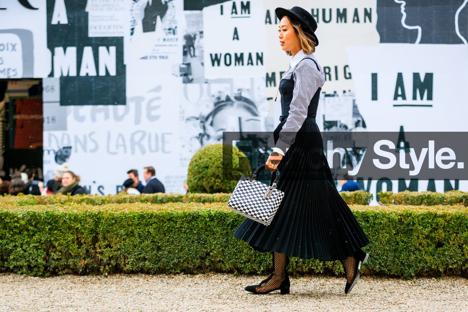 black and white bag, black hat, black romper, black shoes, black shorts, black skirt, black top, checked, christian dior, gingham, graphic bag, leather bag, leather shoes, plaid, pleated skirt, printed bag, striped shirt, fashion week, frenchystyle, FW, jonathan paciullo, street style, PFW, PARIS, AUTUMN WINTER 2018-2019, FALL WINTER 2018-2019, FW 18-19, horizontal, atmosphere details, full length, aimee song