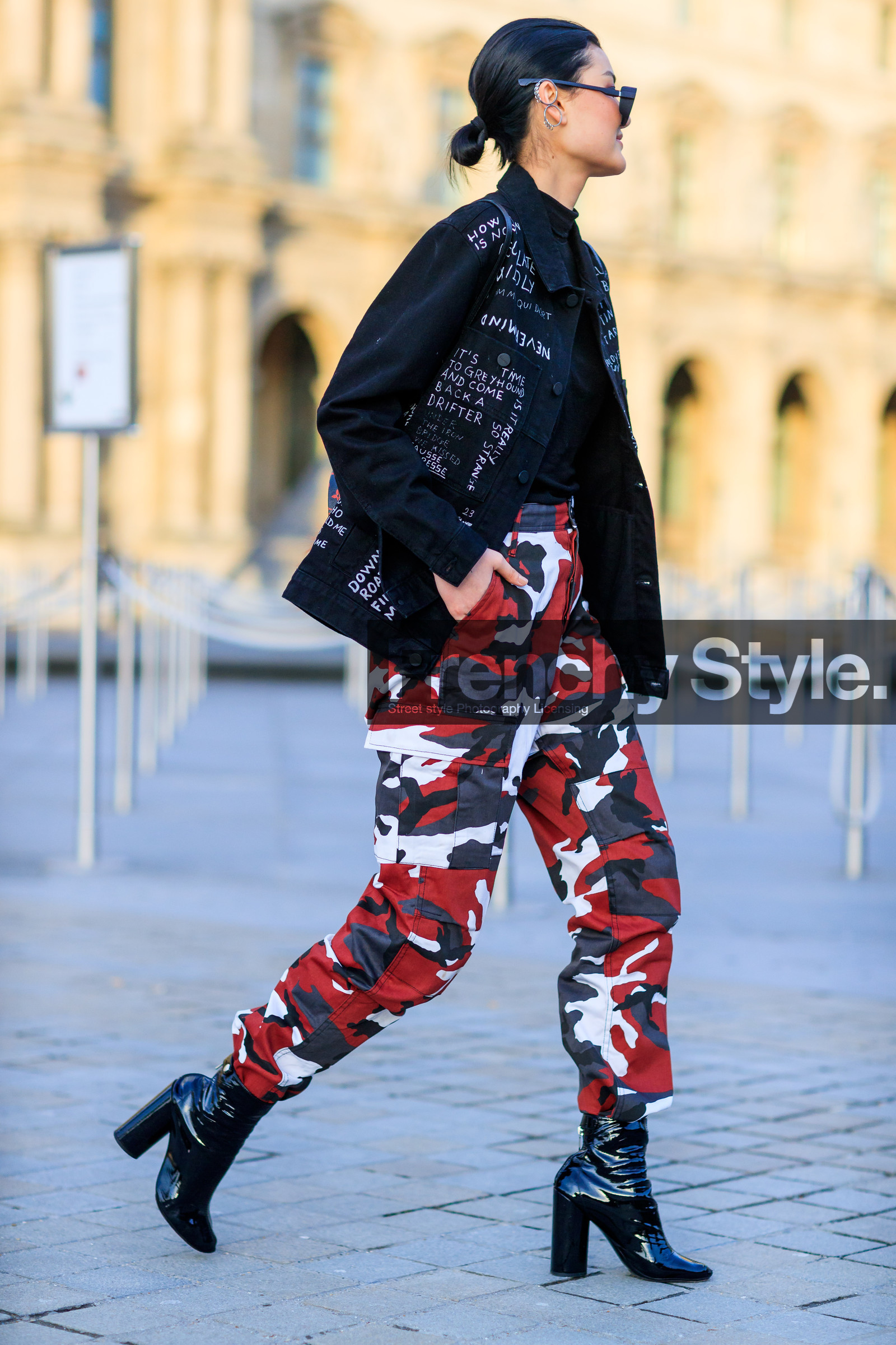 AUTUMN WINTER 2017-2018, AW 17-18, black denim, black jacket, black shoes, black sweater, camo pants, camouflage, denim jacket, FALL WINTER 2017-2018, fashion week, frenchystyle, full length, FW, FW 17-18, graphic jacket, high heels, jonathan paciullo, leather shoes, PARIS, PFW, printed jacket, printed pants, red pants, street style, sunglasses, trousers, vertical