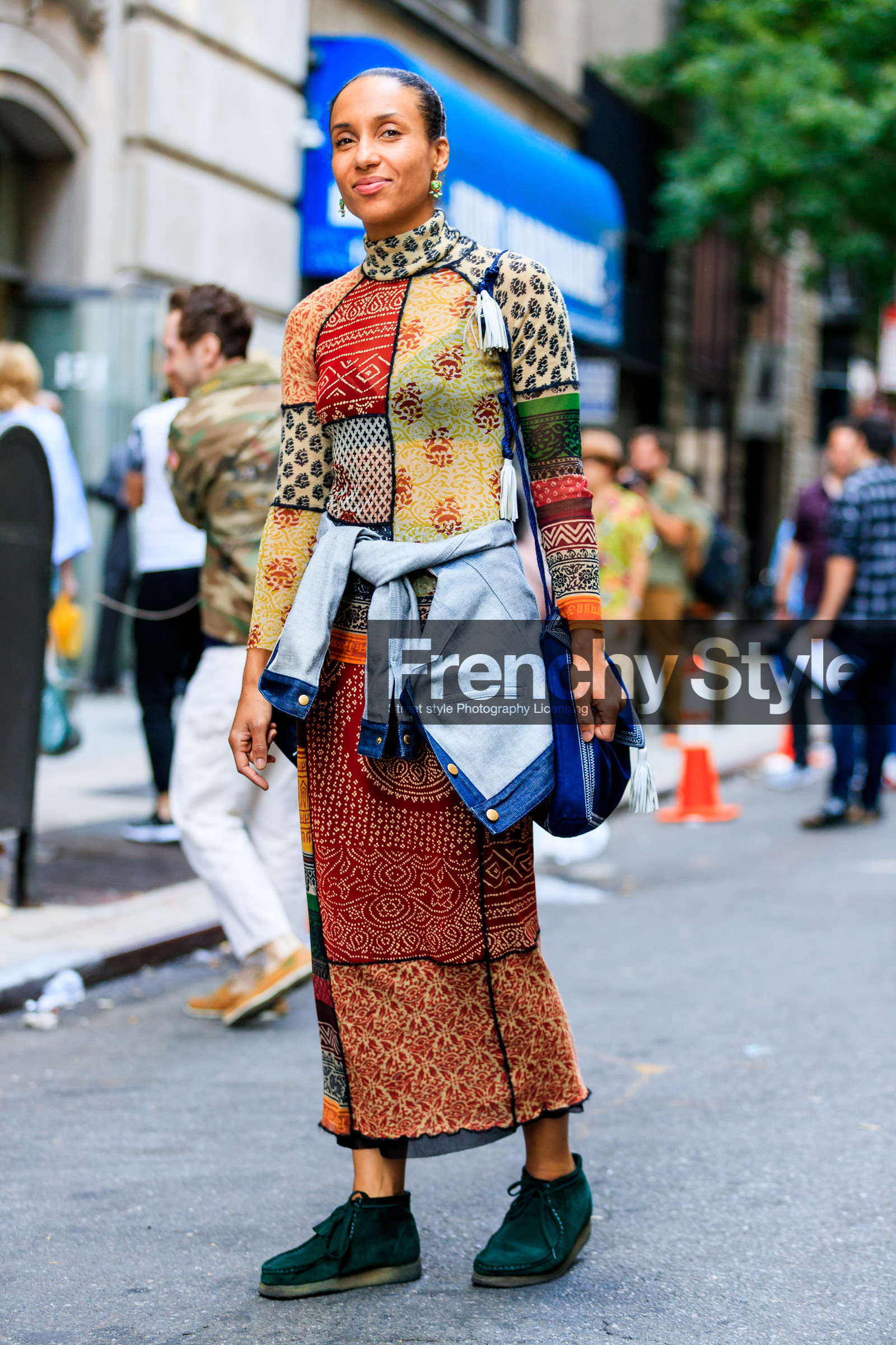 blue bag, brown dress, earrings, fashion week, frenchystyle, full length, FW, green shoes, jonathan paciullo, leather shoes, long dress, multicolor dress, NEW YORK, NYFW, patchwork, printed dress, SPRING SUMMER 2018, SS 18, street style, tied up jacket, vertical
