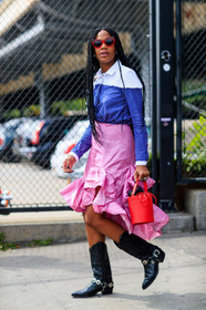 black boots, black shoes, blue shirt, braids, cowboy boots, fashion week, frenchystyle, full length, fun sunglasses, FW, graphic shirt, jan-michael quammie, jonathan paciullo, leather bag, leather shoes, NEW YORK, NYFW, pink skirt, printed shirt, red bag, SPRING SUMMER 2018, SS 18, street style, striped shirt, sunglasses, vertical