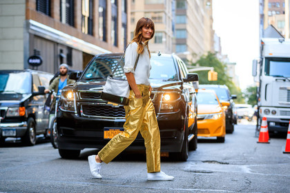 atmosphere details, black and white bag, caroline de maigret, chanel, fashion week, frenchystyle, full length, FW, golden pants, horizontal, jonathan paciullo, leather bag, NEW YORK, NYFW, shiny pants, SPRING SUMMER 2018, SS 18, street style, trousers, white shirt, white sneakers