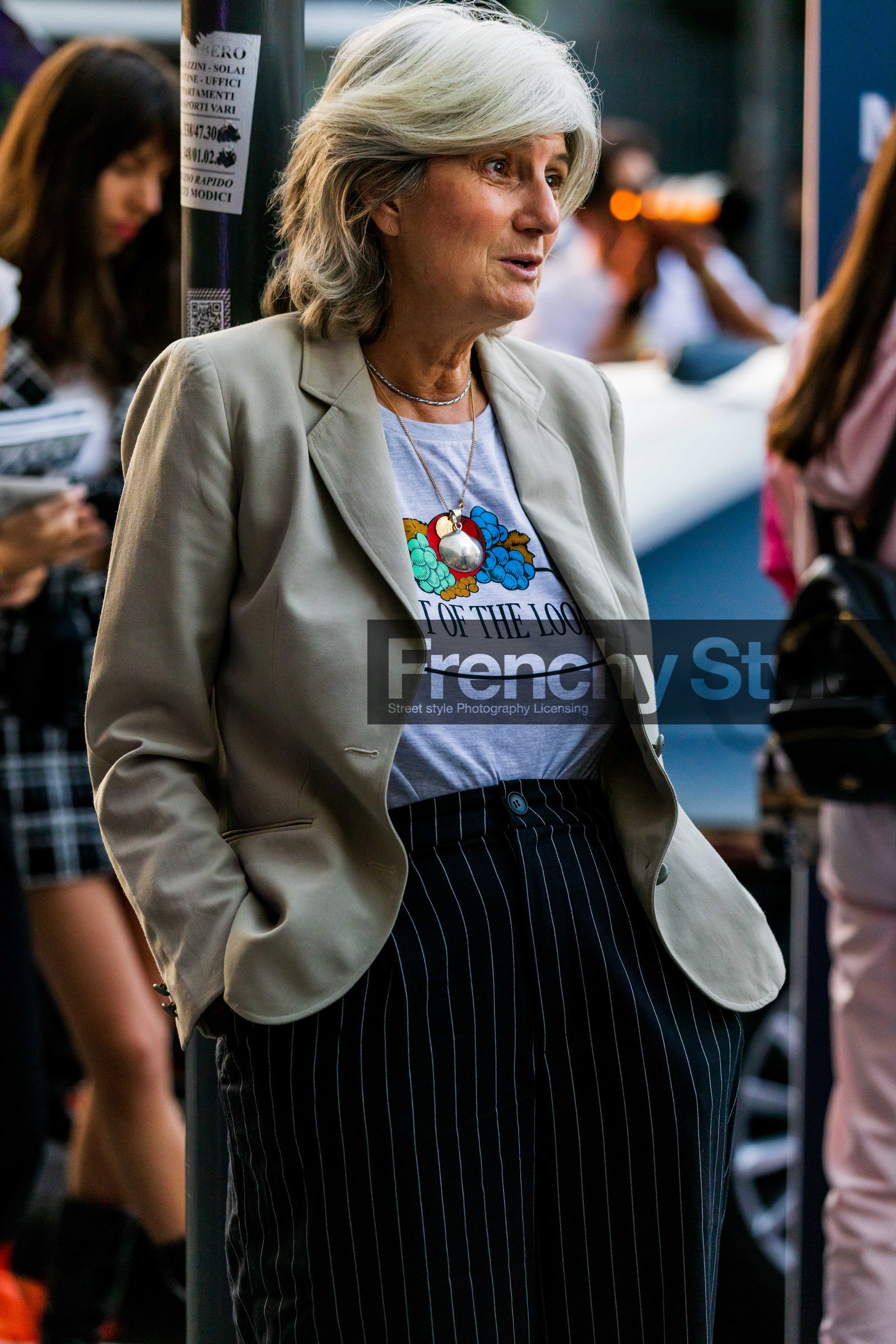 blazer, blue pants, grey blazer, print t-shirt, Sophie Fontanel, stripes pants, stripped pants, t-shirt, fashion week, frenchystyle, FW, jonathan paciullo, street style, MFW, MILAN, SPRING SUMMER 2022, SS 22, vertical, atmosphere details, detail