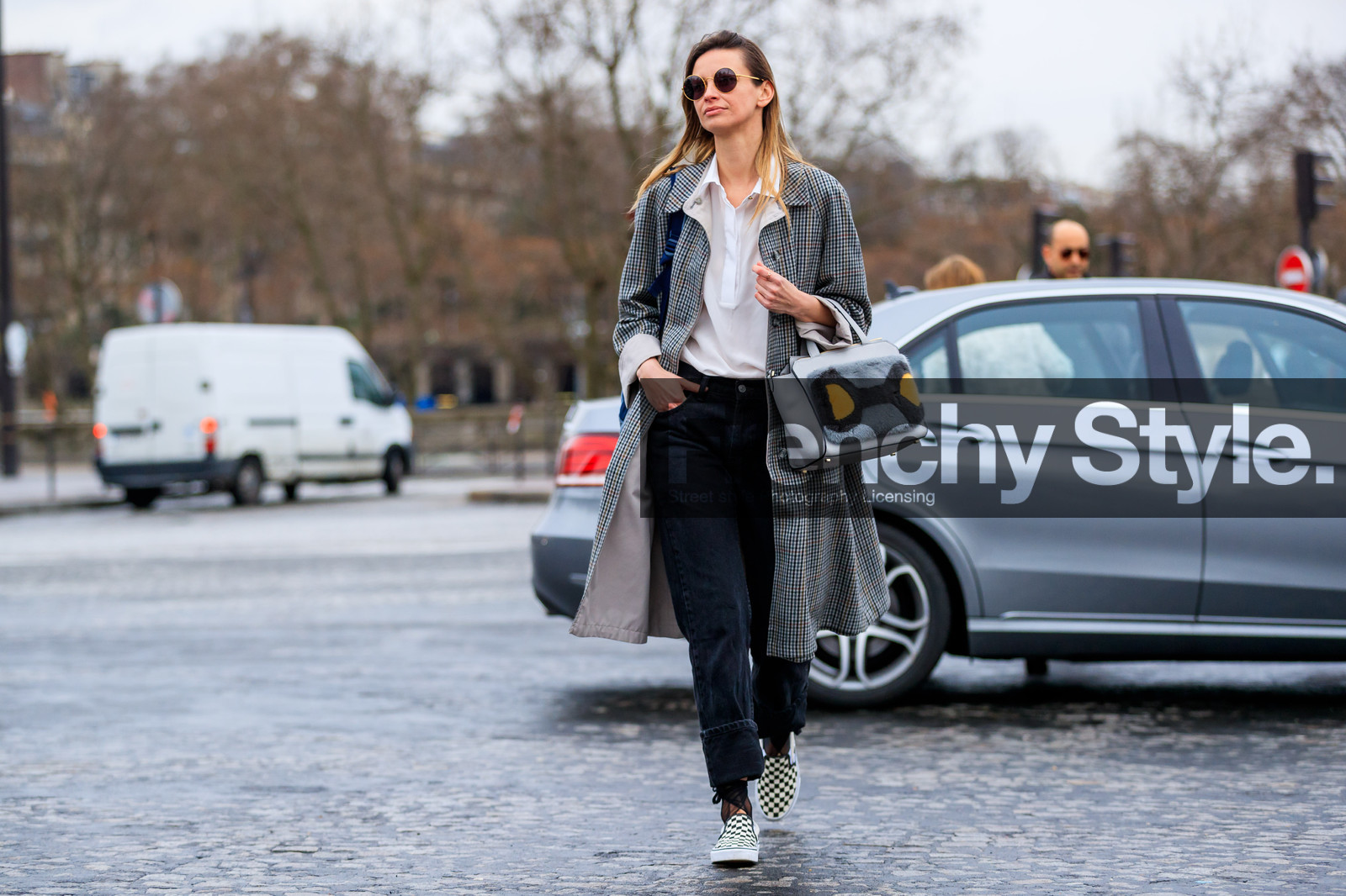 atmosphere details, AUTUMN WINTER 2017-2018, AW 17-18, black and white shoes, black denim, checked jacket, Clara Racz, denim pants, FALL WINTER 2017-2018, fashion week, frenchystyle, full length, fur bag, FW, FW 17-18, gingham, graphic bag, grey bag, grey coat, horizontal, jeans, jonathan paciullo, leather bag, leather shoes, PARIS, PFW, plaid, street style, sunglasses, trousers, vans, white shirt