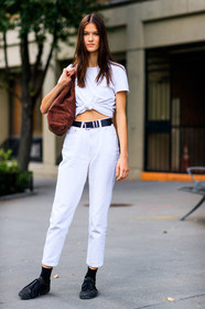 black belt, black sneakers, brown bag, fashion week, frenchystyle, full length, FW, jeans, jonathan paciullo, leather bag, long hair, model, natural, NEW YORK, NYFW, skincare, SPRING SUMMER 2018, SS 18, street style, trousers, vertical, white denim, white t shirt