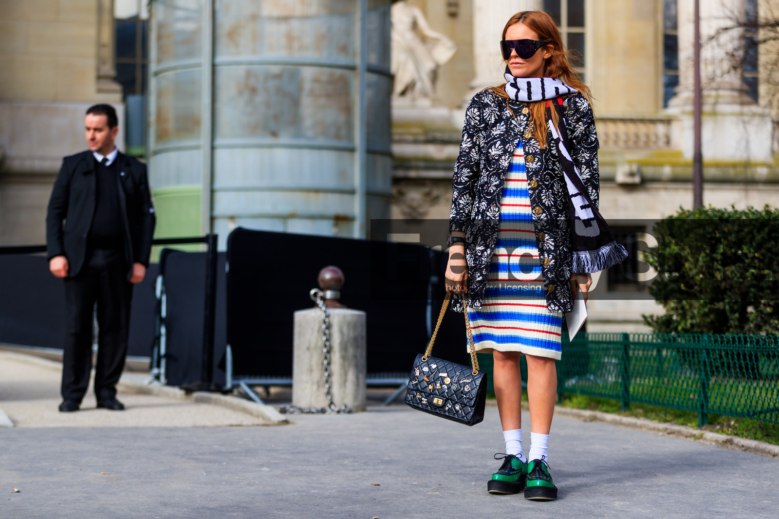 black and white, black bag, black scarf, blue dress, chanel handbag, graphic bag, graphic dress, graphic jacket, green shoes, leather bag, leather shoes, multicolor dress, pins, printed bag, printed dress, printed jacket, printed scarf, striped dress, sunglasses, white socks, street style, jonathan paciullo, FW, frenchystyle, fashion week, PFW, PARIS, AUTUMN WINTER 2018-2019, FALL WINTER 2018-2019, FW 18-19, horizontal, atmosphere details, full length, blanca miro scrimieri