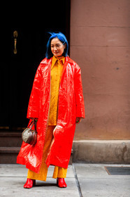 laureen uy, red leather boots, red leather jacket, vinyl jacket, vinyl shoes, camel toe margiela shoes, camel toe margiela boots, margiela boots, gucci bag, monogrammed bag, round shape bag, hand bag, brown leather bag, beige bag, orange shirt, orange pants, velvet shirt, velvet pants, corduroy pants, corduroy shirt, blue hair, dyed hair, fashion week, frenchystyle, FW, jonathan paciullo, street style, AUTUMN WINTER 2020-2021, FALL WINTER 2020-2021, FW 20-21, vertical, full length, NYFW, NEW YORK