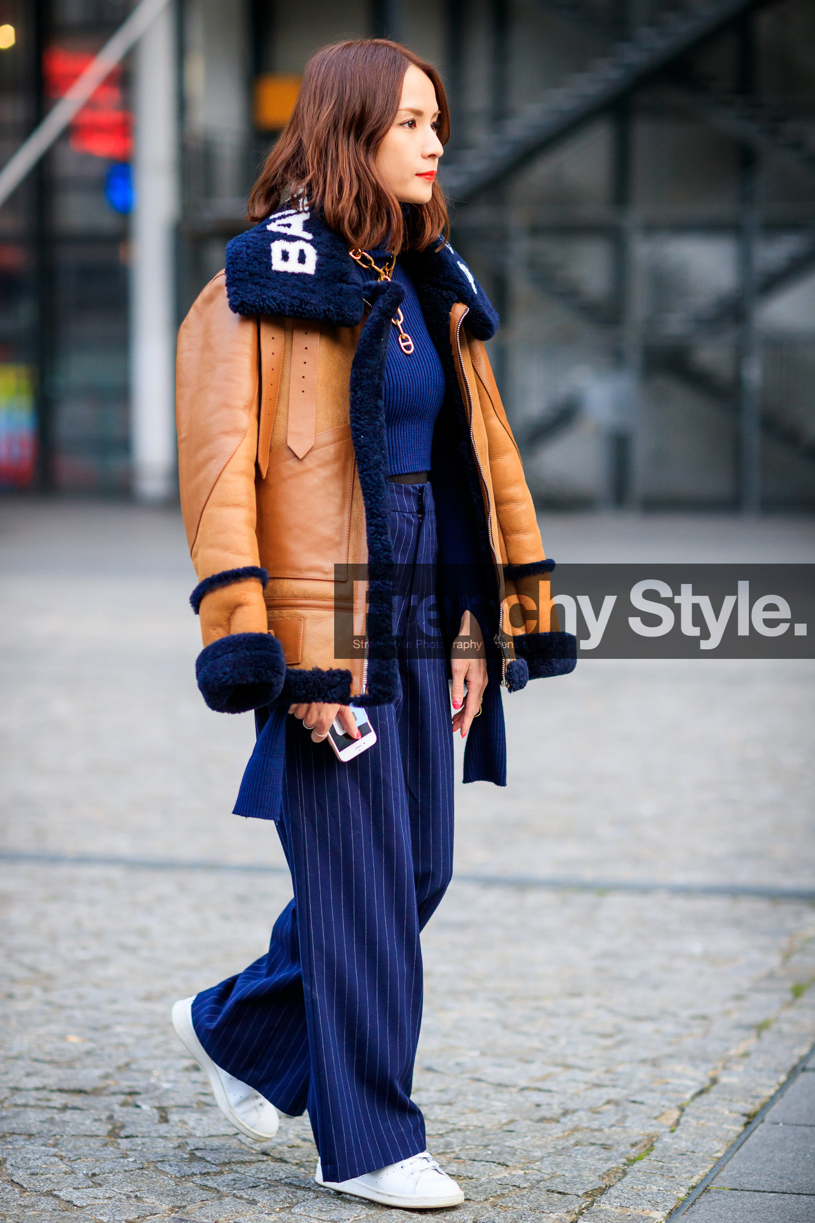 balenciaga, blue sweater, camel jacket, fur jacket, leather jacket, leather shoes, navy pants, necklace, over the shoulder, shearling, striped pants, trousers, white sneakers, fashion week, frenchystyle, FW, jonathan paciullo, street style, PFW, PARIS, SPRING SUMMER 2017, SS 17, HAUTE COUTURE, vertical, full length