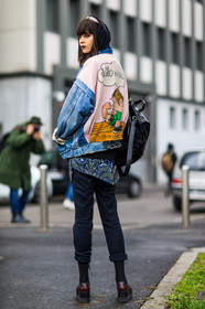 AUTUMN WINTER 2016-2017, AW 16-17, black bag, black denim, black sweater, blue denim, blue shirt, cartoon, dark lips, denim jacket, denim pants, derbies, drawings, embroidered jacket, FALL WINTER 2016-2017, fashion week, frenchystyle, full length, FW, FW 16-17, headphones, hoodie, jeans, jonathan paciullo, leather backpack, leather shoes, LFW, LONDON, long hair, MENSWEAR, model, paisley, printed shirt, street style, trousers, vertical