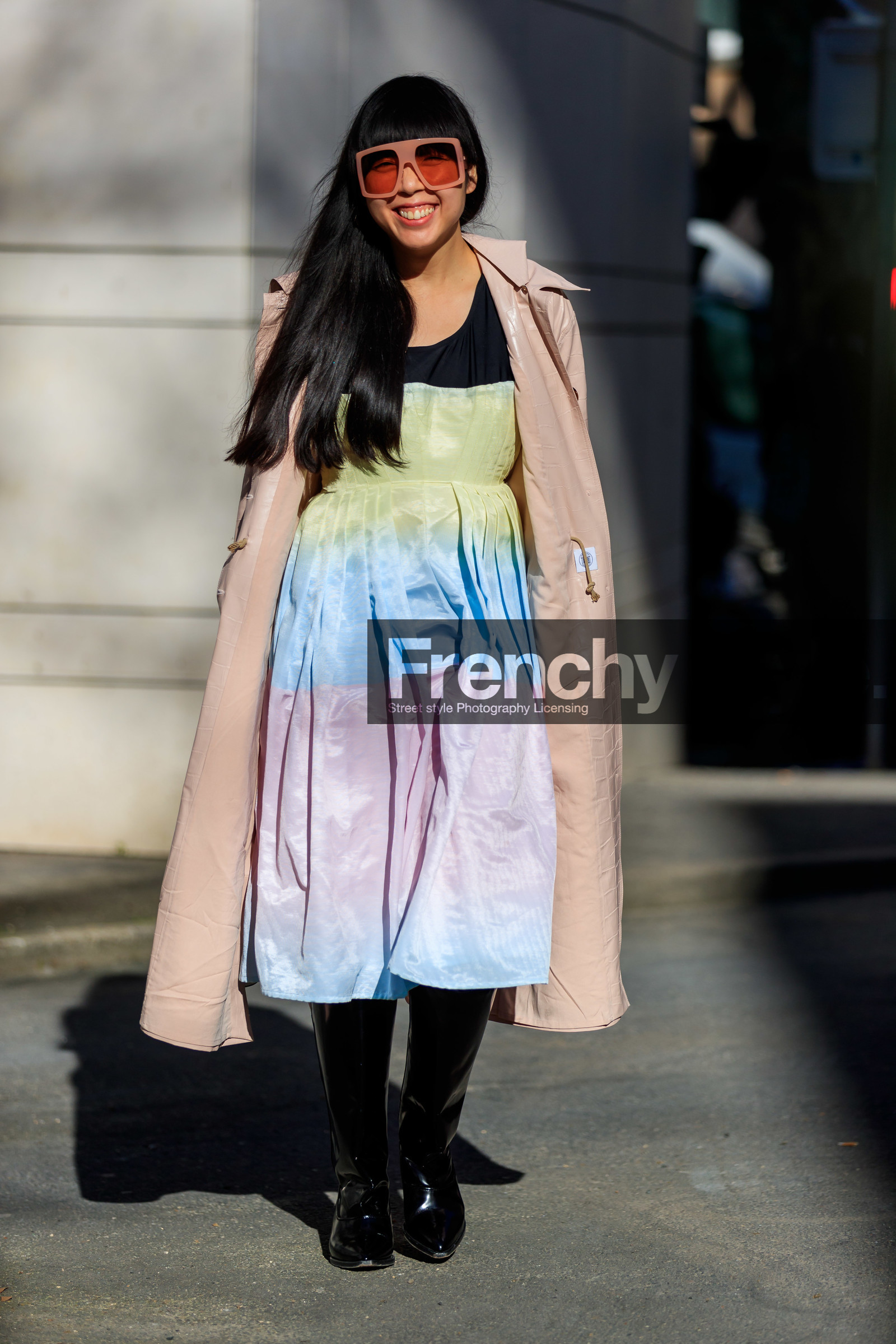 black shoes, graphic dress, high boots, leather shoes, multicolor dress, pink coat, printed dress, stripes, sunglasses, susie lau, varnished leather shoes, fashion week, frenchystyle, FW, jonathan paciullo, street style, PFW, PARIS, AUTUMN WINTER 2019-2020, AW 19-20, FALL WINTER 2019-2020, FW 19-20, vertical, full length