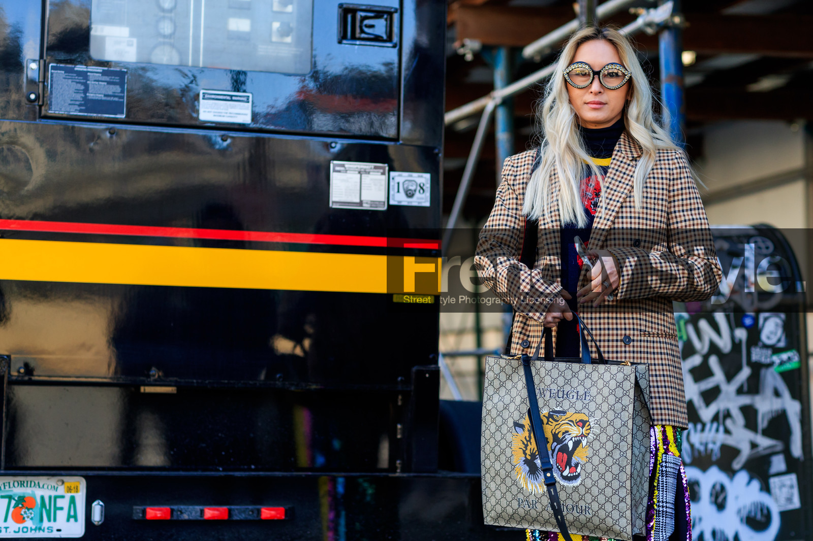 animal print, beige bag, black turtleneck, brown jacket, checked, fun sunglasses, gingham, glitter, graphic bag, graphic jacket, gucci, leather bag, monogram, multicolor bag, multicolor skirt, plaid, printed bag, printed jacket, printed sweater, sequined skirt, sunglasses, tartan, street style, jonathan paciullo, FW, frenchystyle, fashion week, NYFW, NEW YORK, AUTUMN WINTER 2018-2019, AW 18-19, FALL WINTER 2018-2019, FW 18-19, atmosphere details, horizontal, detail
