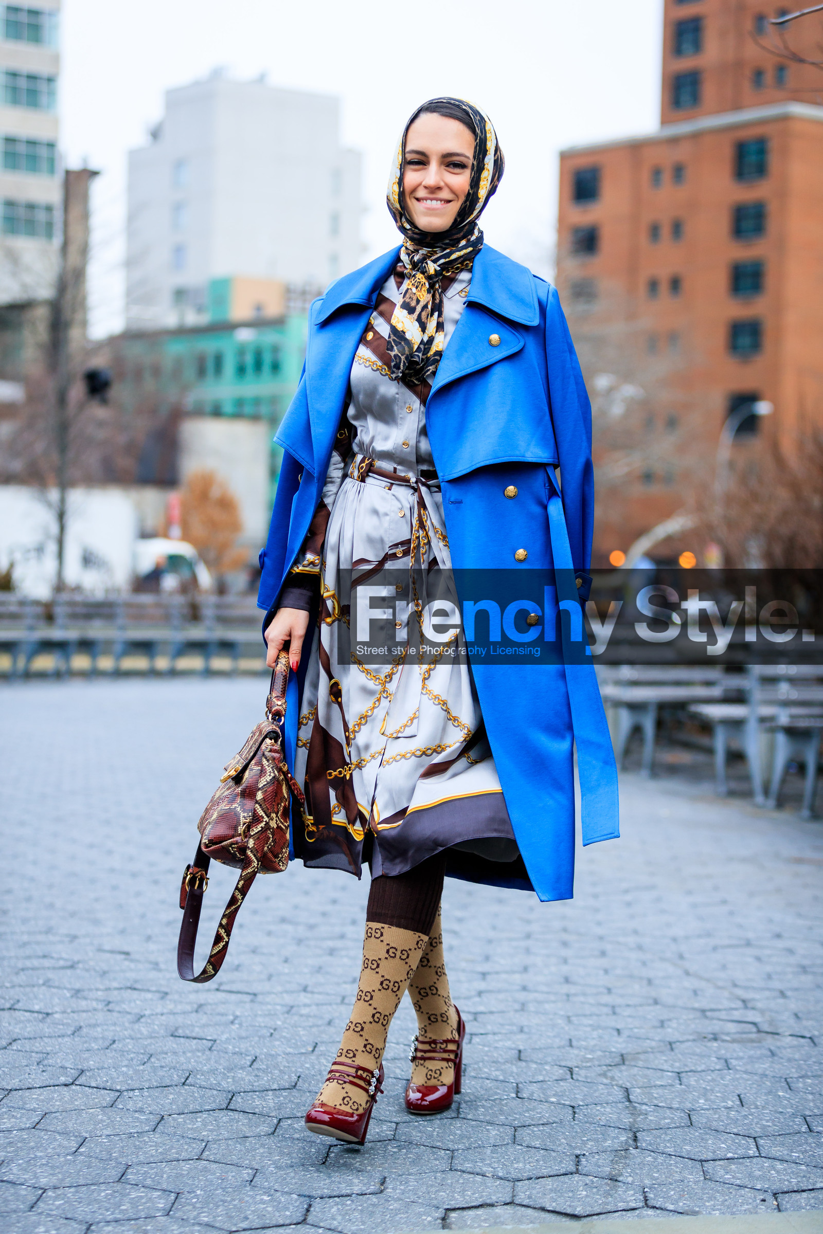 blue jacket, brown socks, graphic bag, grey dress, grey scarf, gucci, high heels, leather bag, leather shoes, over the shoulder, printed bag, printed dress, red bag, red shoes, varnished leather shoes, street style, jonathan paciullo, FW, frenchystyle, fashion week, NYFW, NEW YORK, AUTUMN WINTER 2018-2019, AW 18-19, FALL WINTER 2018-2019, FW 18-19, vertical, full length