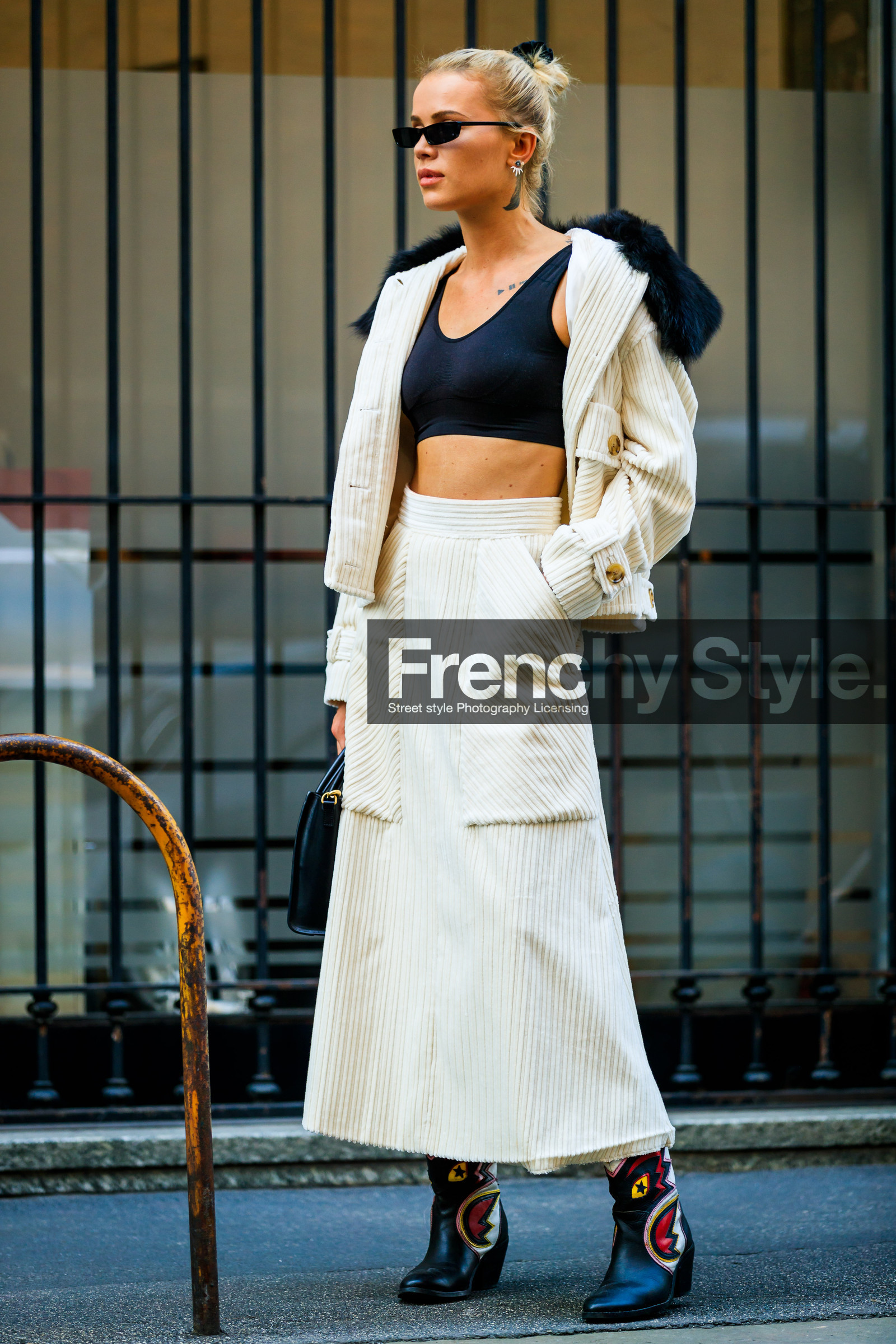 black bra, black shoes, corduroy, cowboy boots, earrings, julia kuczynska, leather shoes, multicolor shoes, sunglasses, white jacket, white skirt, street style, jonathan paciullo, FW, frenchystyle, fashion week, MFW, MILAN, SPRING SUMMER 2019, SS 19, vertical, full length