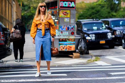 atmosphere details, blue denim, brown bag, cropped top, céline, denim skirt, fashion week, frenchystyle, full length, FW, high heels, horizontal, jonathan paciullo, leather bag, leather shoes, lisa aiken, necklace, NEW YORK, NYFW, orange shirt, SPRING SUMMER 2018, SS 18, street style, sunglasses, white shoes