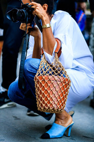 atmosphere details, blue denim, blue shoes, brown bag, camera, denim pants, detail, fashion week, frenchystyle, FW, high heels, jeans, jonathan paciullo, leather bag, leather shoes, net shopper, NEW YORK, NYFW, SPRING SUMMER 2018, SS 18, street style, tamu mcpherson, trousers, turquoise, vertical, white shirt