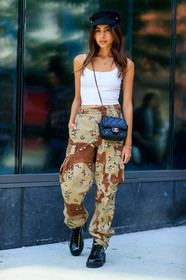 beige pants, black bag, black cap, black shoes, camo pants, camouflage, chanel, fashion week, frenchystyle, full length, FW, jonathan paciullo, leather bag, leather shoes, NEW YORK, NYFW, printed pants, SPRING SUMMER 2018, SS 18, street style, trousers, vertical, white tank top