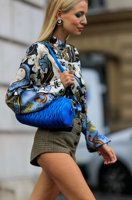 leonie hanne, strassed earrings, round earrings, round shape earrings, white blouse, silk blouse, cachemere printed blouse, animal printed blouse, high collar blouse, checked shorts, beige shorts, mini shorts, blue leather bag, pleated bag, miu miu bag, miu miu blouse, miu miu shorts, miu miu look, big chain necklace, golden necklace, PARIS, PFW, SPRING SUMMER 2020, SS 20, fashion week, frenchystyle, FW, jonathan paciullo, street style, vertical, atmosphere details, detail