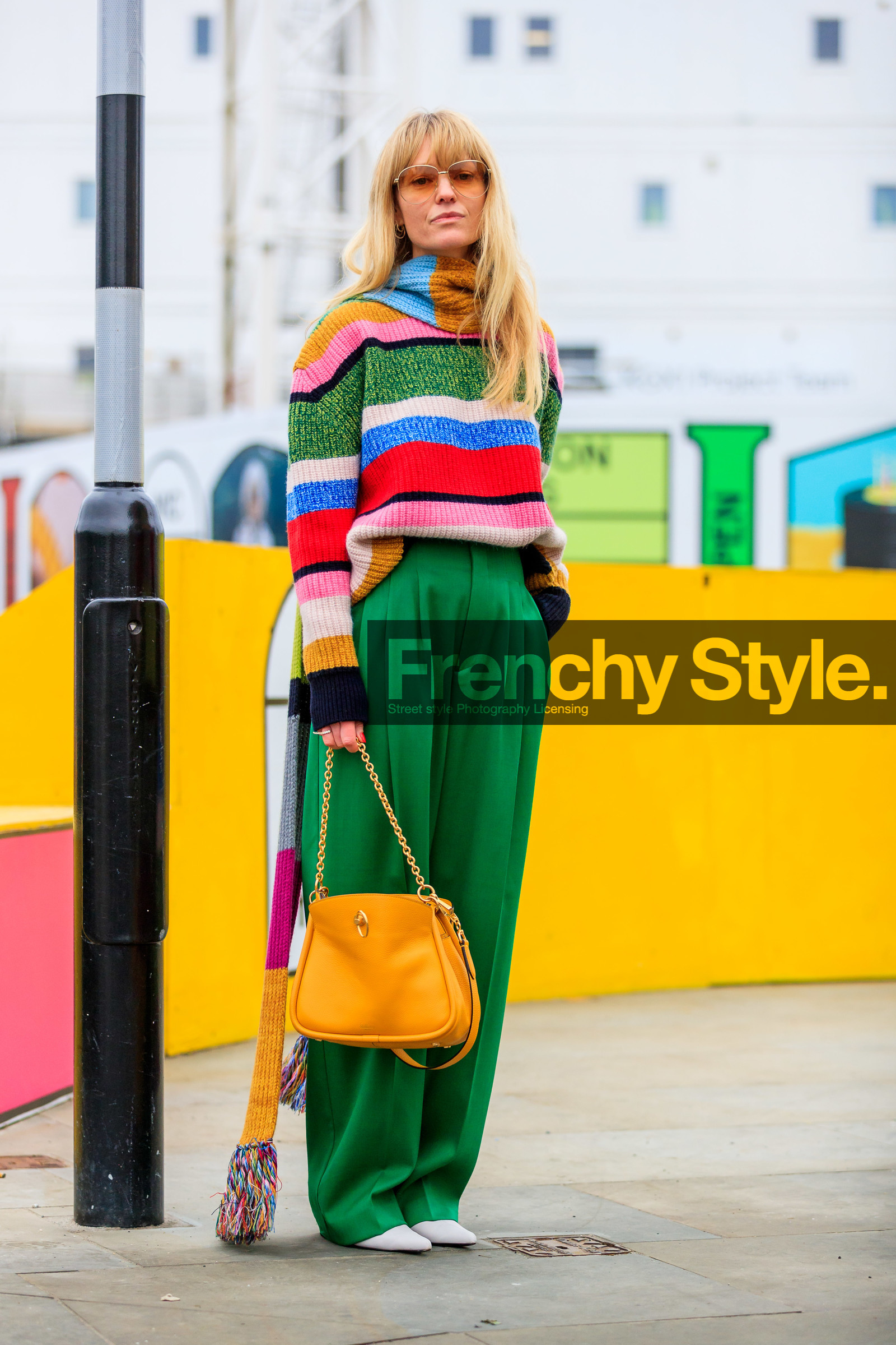 graphic sweater, green pants, jeanette madsen, leather bag, leather shoes, multicolor sweater, printed scarf, printed sweater, striped sweater, sunglasses, trousers, white shoes, yellow bag, street style, jonathan paciullo, FW, frenchystyle, fashion week, LFW, LONDON, AUTUMN WINTER 2019-2020, AW 19-20, FW 19-20, FALL WINTER 2019-2020, vertical, full length