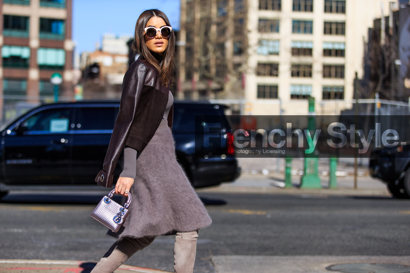 atmosphere details, AUTUMN WINTER 2016-2017, AW 16-17, beige boots, brown jacket, camila coelho, christian dior, detail, fashion week, frenchystyle, FW, FW 16-17, glitter, grey skirt, grey sweater, high boots, high heels, horizontal, jonathan paciullo, leather bag, leather jacket, metallic bag, NEW YORK, NYFW, pink bag, shiny clutch, street style, suede jacket, suede shoes, sunglasses, woman