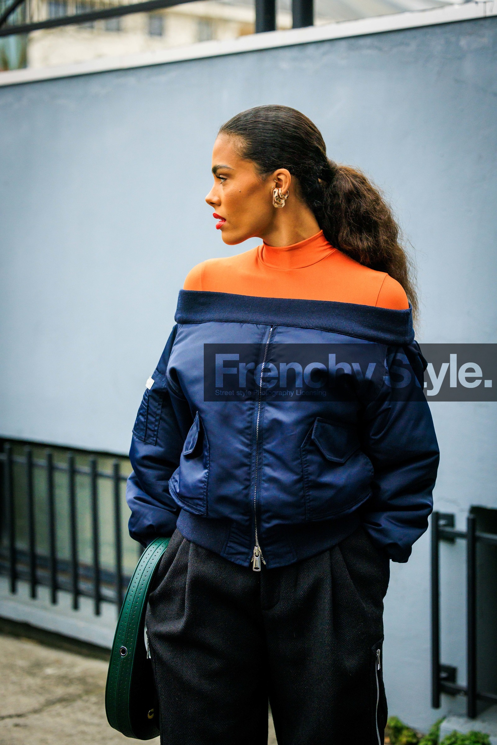 bomber jacket, golden stud earrings, orange turtleneck, black trousers, dark blue jacket, coperni, tina kunakey, street style, jonathan paciullo, FW, frenchystyle, fashion week, AUTUMN WINTER 2022-2023, FALL WINTER 2022_2023, FW 22-23, PFW, PARIS, vertical, detail