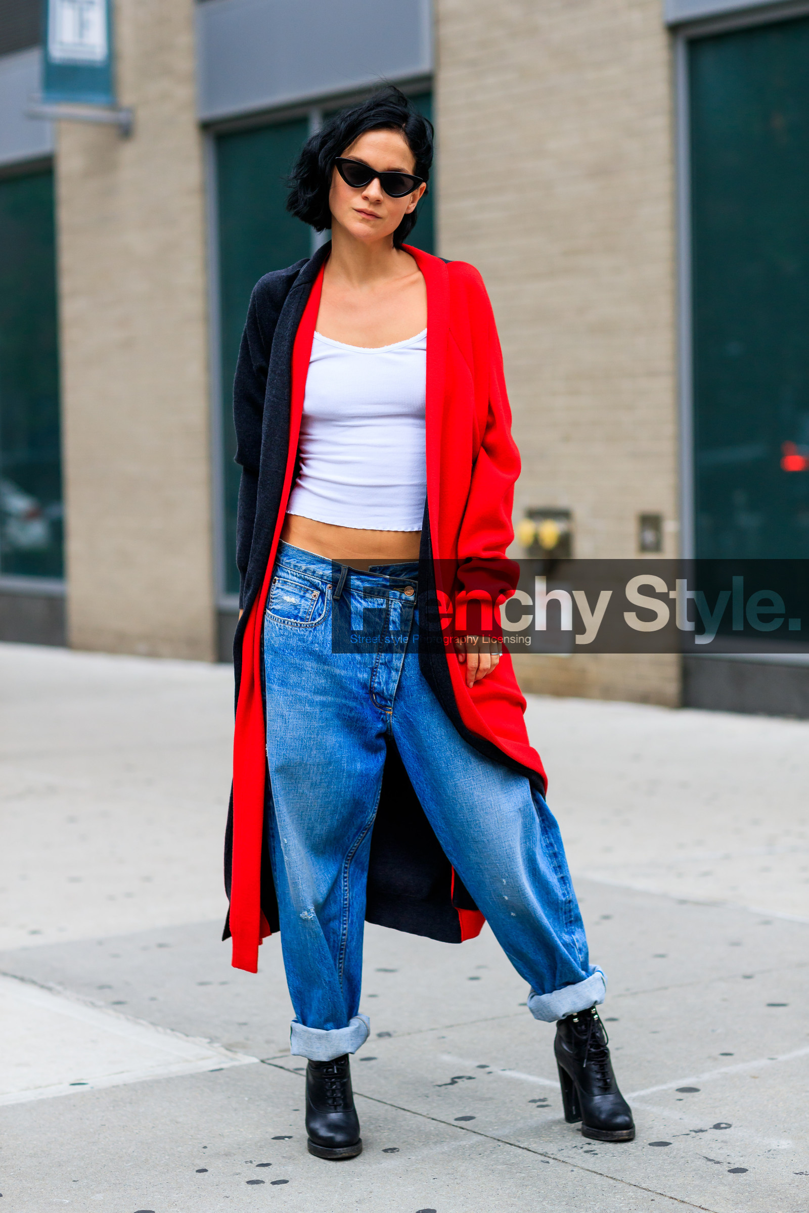black shoes, blue denim, denim pants, high heels, jeans, leather shoes, red jacket, sunglasses, trousers, white top, fashion week, frenchystyle, FW, jonathan paciullo, street style, NYFW, NEW YORK, SPRING SUMMER 2019, SS 19, vertical, full length