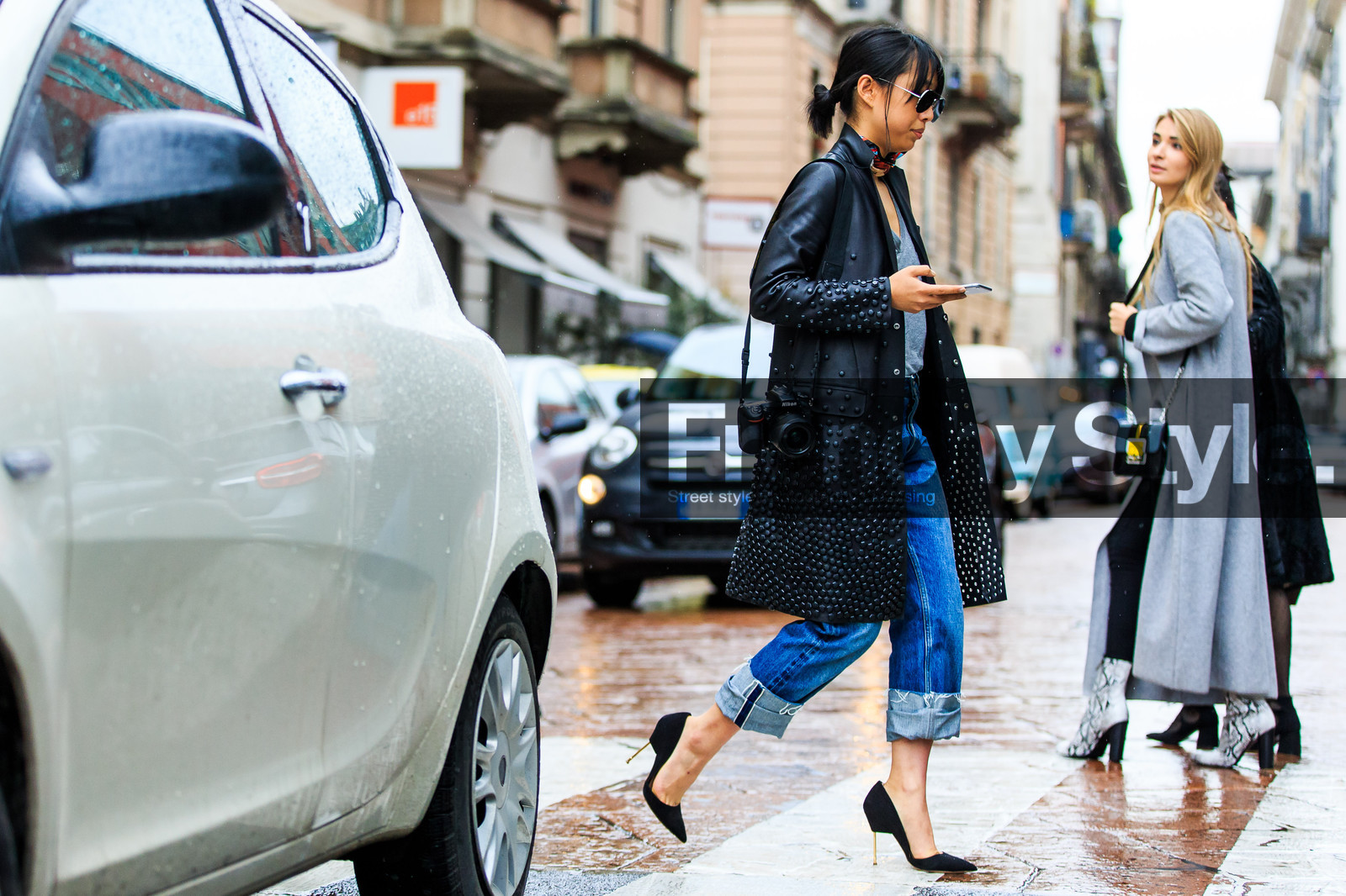 atmosphere details, AUTUMN WINTER 2016-2017, AW 16-17, black coat, black jacket, black shoes, blue denim, camera, denim pants, embroidered coat, FALL WINTER 2016-2017, fashion week, frenchystyle, full length, FW, FW 16-17, grey t shirt, high heels, horizontal, jeans, jonathan paciullo, leather coat, leather jacket, LFW, LONDON, margaret, zhang, MENSWEAR, street style, studs, suede shoes, sunglasses, tied up scarf, trousers