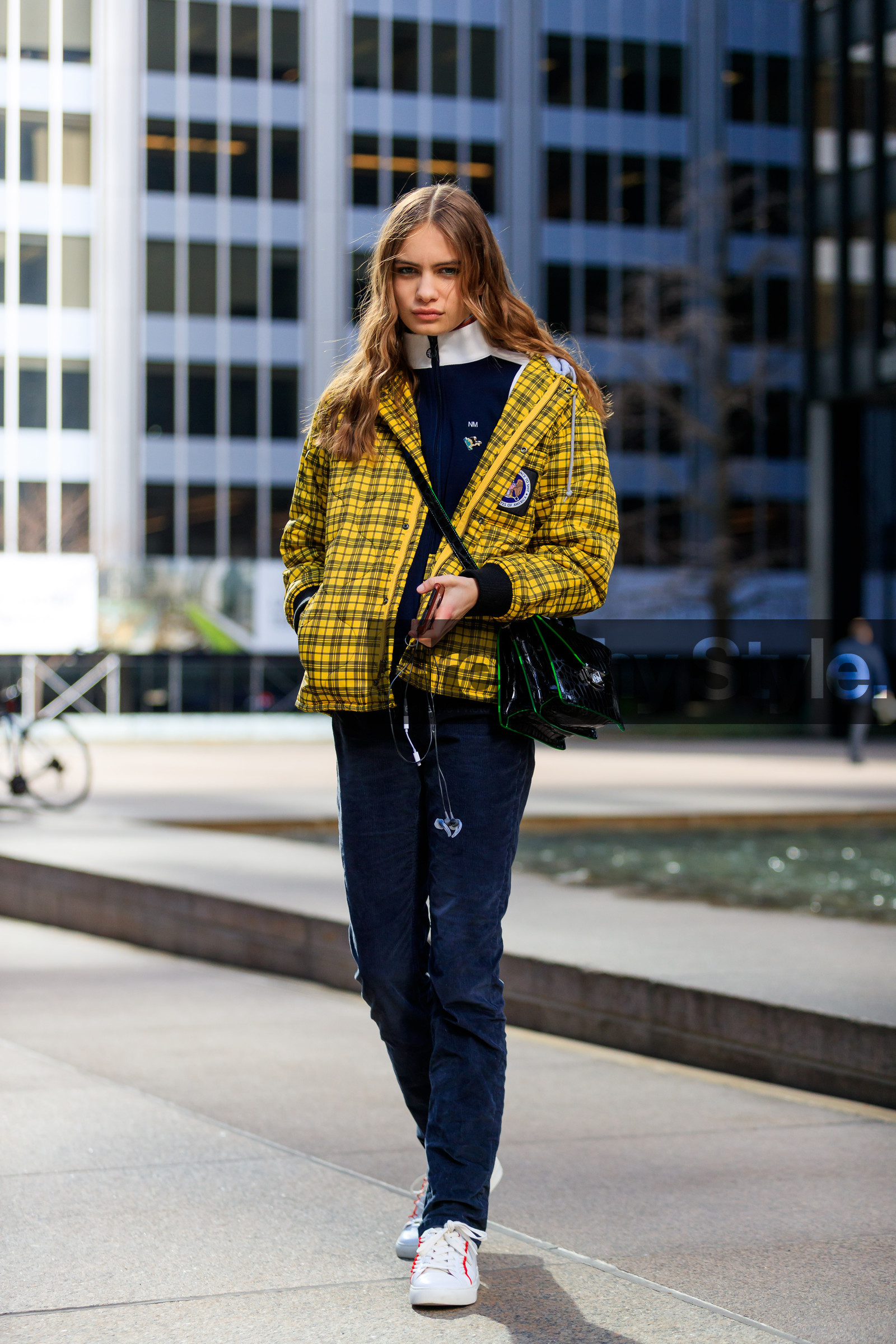 black bag, black pants, checked, corduroy, graphic jacket, headphones, leather bag, leather shoes, long hair, navy sweater, plaid, printed jacket, trousers, white shoes, white sneakers, yellow jacket, street style, jonathan paciullo, FW, frenchystyle, fashion week, NYFW, NEW YORK, AUTUMN WINTER 2018-2019, AW 18-19, FALL WINTER 2018-2019, FW 18-19, vertical, full length, model