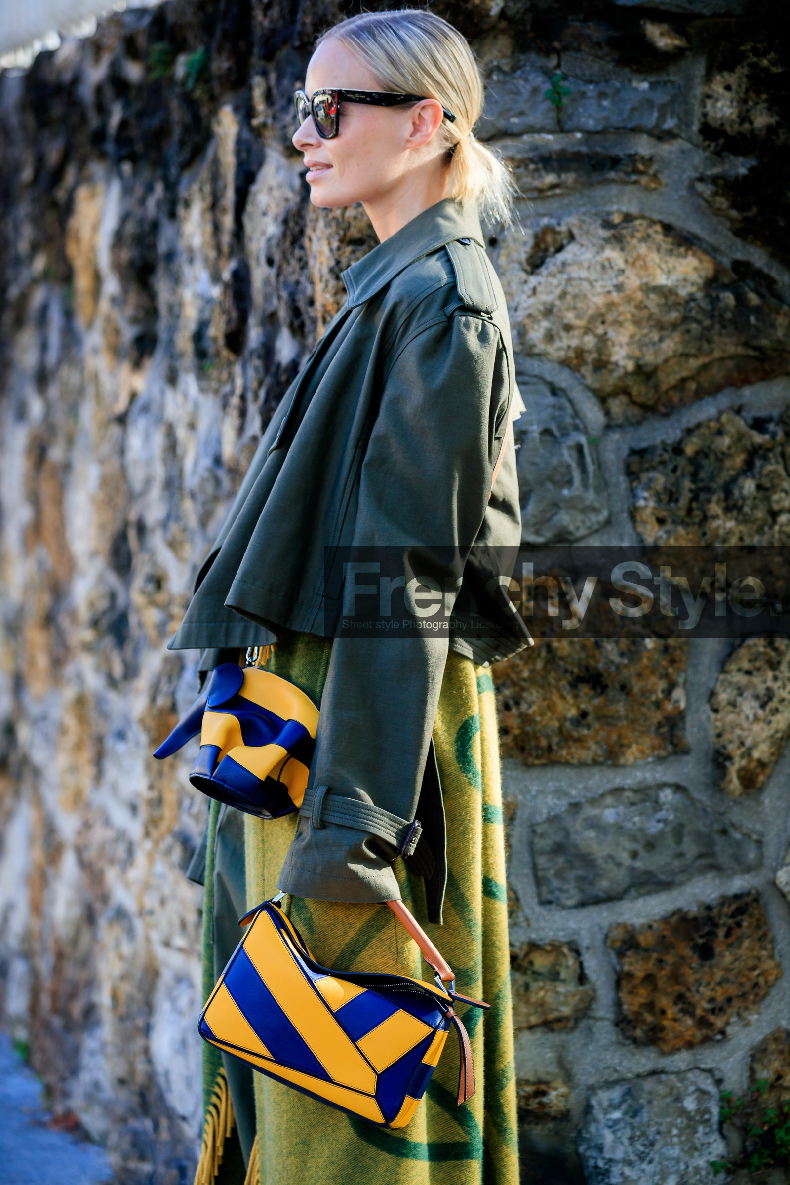 thora valdimars, loewe bag, loewe coat, navy blue leather bag, striped bag, yellow leather bag, animal shape bag, kaki coat, kaki pants, yellow coat, woolen scarf, hand bag, loewe t-shirt, loewe pants, light pink t-shirt, printed t-shirt, crossbody bag, fashion week, frenchystyle, FW, jonathan paciullo, street style, SPRING SUMMER 2020, SS 20, PFW, PARIS, vertical, full length