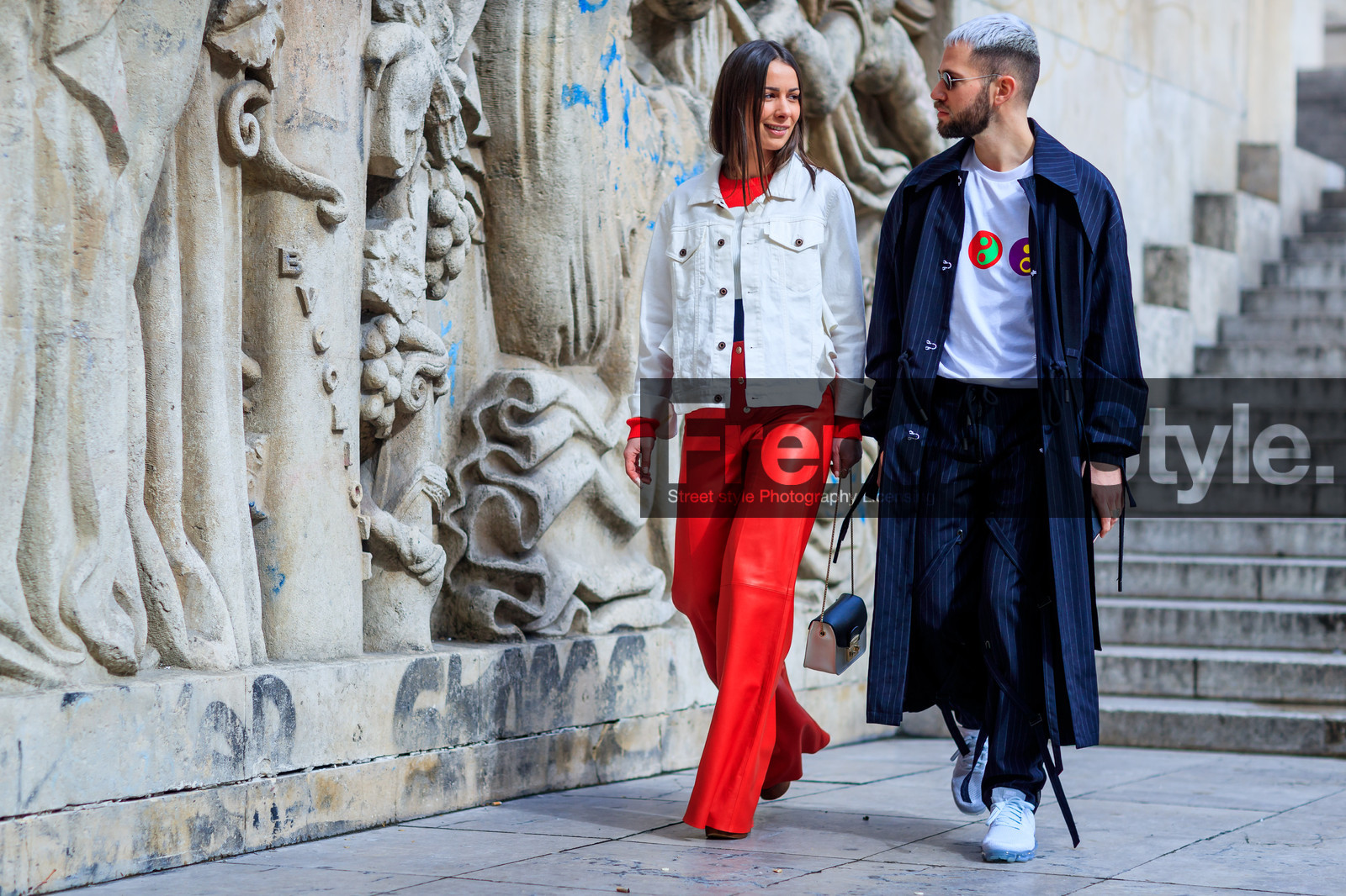 alice & j.s, atmosphere details, AUTUMN WINTER 2017-2018, AW 17-18, black and white bag, denim jacket, FALL WINTER 2017-2018, fashion week, frenchystyle, full length, furla, FW, FW 17-18, graphic coat, graphic pants, graphic top, horizontal, jonathan paciullo, leather bag, leather pants, leather shoes, leather sneakers, navy coat, navy pants, PARIS, PFW, printed t shirt, red pants, street style, striped coat, striped pants, sunglasses, trousers, white denim, white jacket, white sneakers, white t shirt