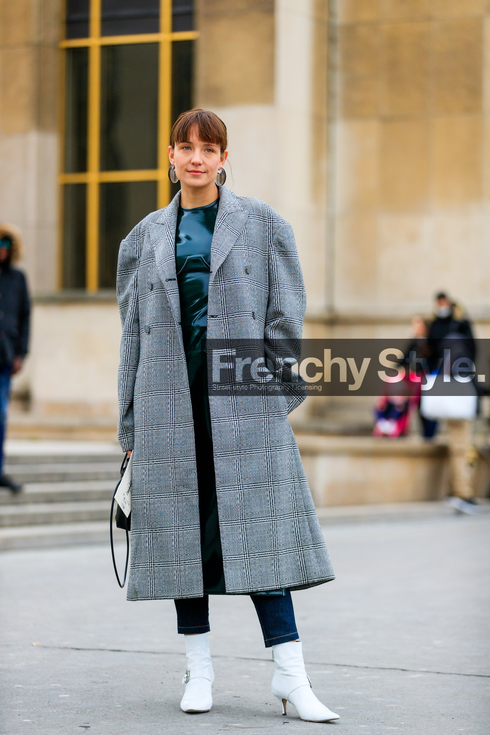 blue denim, checked, denim pants, earrings, emerald, graphic jacket, green dress, grey coat, high heels, jeans, leather shoes, plaid, printed jacket, trousers, white boots, street style, jonathan paciullo, FW, frenchystyle, fashion week, PFW, PARIS, AUTUMN WINTER 2018-2019, FALL WINTER 2018-2019, FW 18-19, vertical, full length